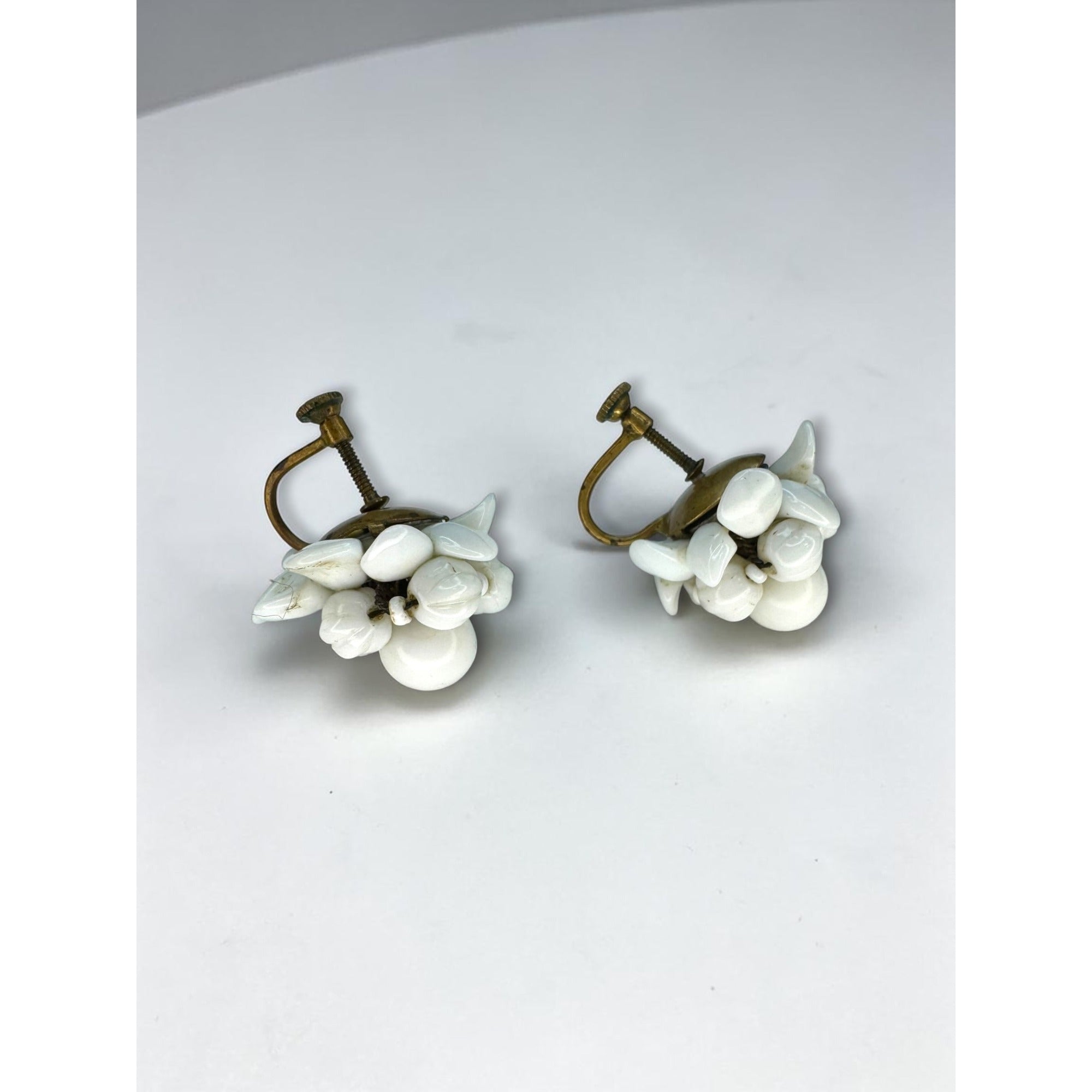 Czechoslovakia Milk Glass Cluster Screw Back Earrings White Floral 1950s Vintage