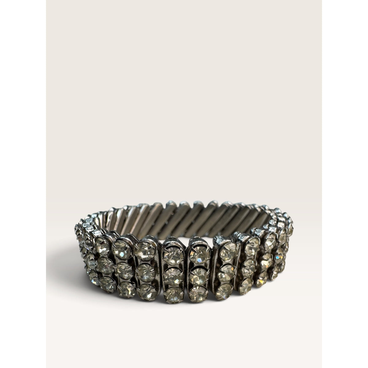 1950s British Hong Kong 3 Row Clear Crystal Rhinestone Expansion Bracelet .55"