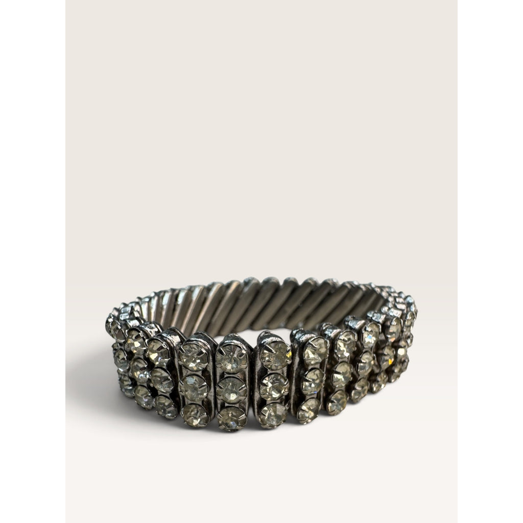 1950s British Hong Kong 3 Row Clear Crystal Rhinestone Expansion Bracelet .55"