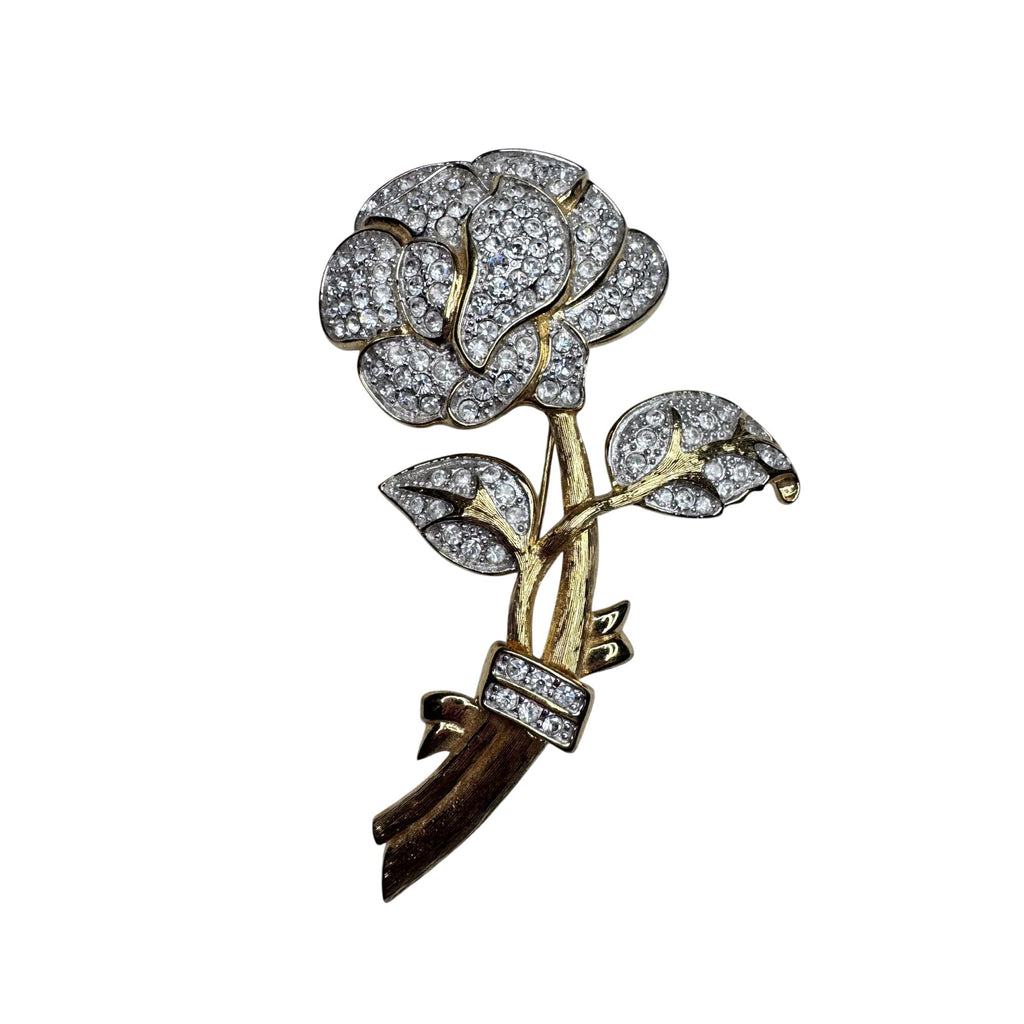 Nolan Miller Rose Brooch Gold Tone Pave Crystal 1980s Glamour Collection