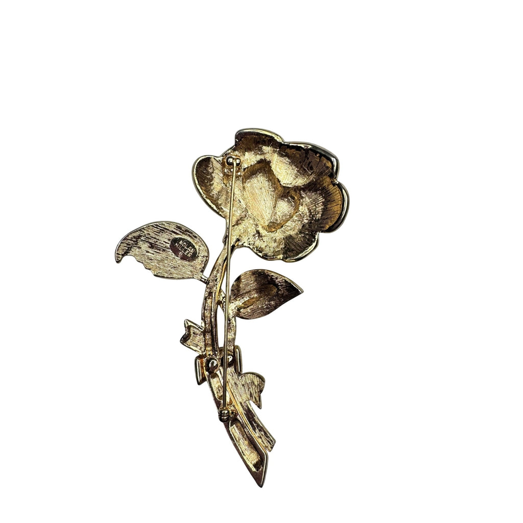 Nolan Miller Rose Brooch Gold Tone Pave Crystal 1980s Glamour Collection