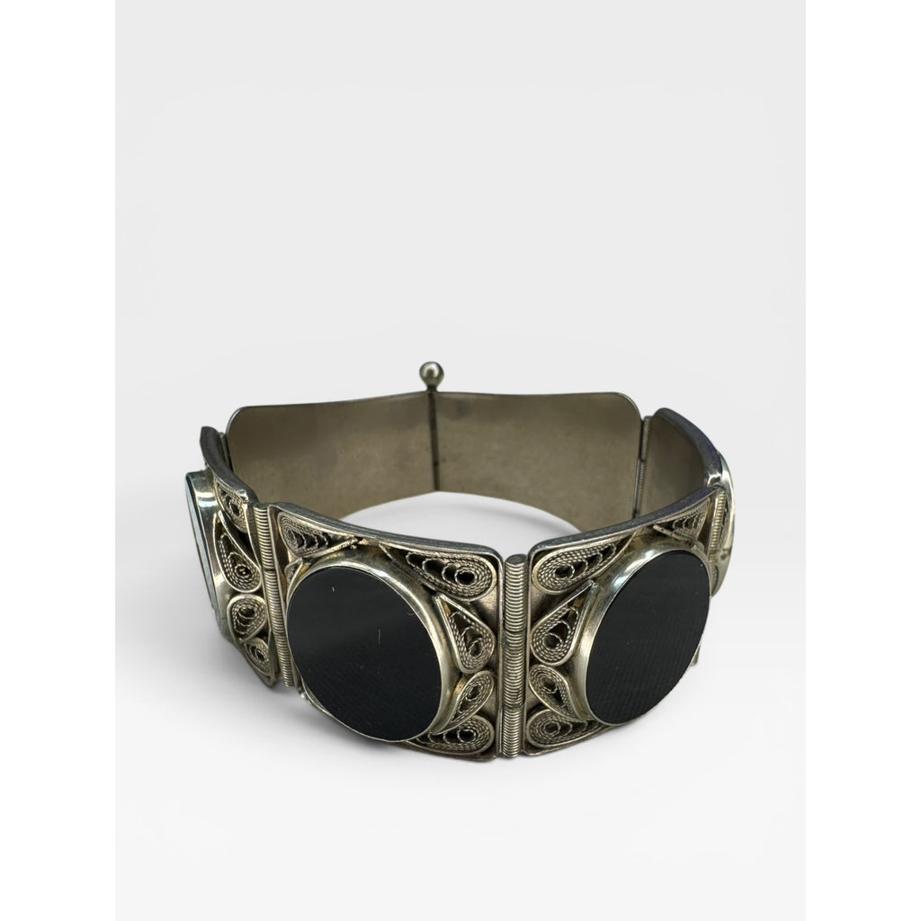 Obsidian Cabochon Filigree Panel Bracelet Silver Tone Artisan 7 Inch Vintage