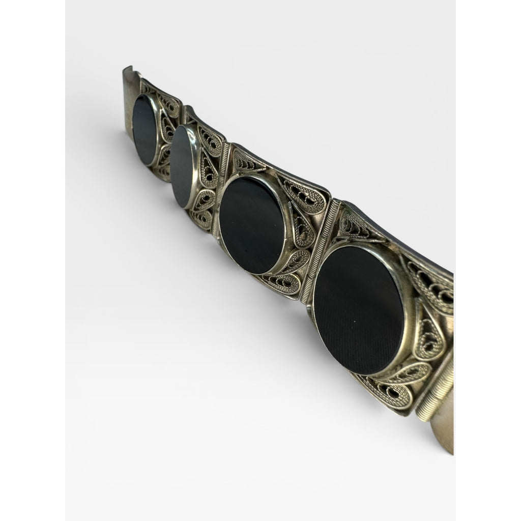 Obsidian Cabochon Filigree Panel Bracelet Silver Tone Artisan 7 Inch Vintage