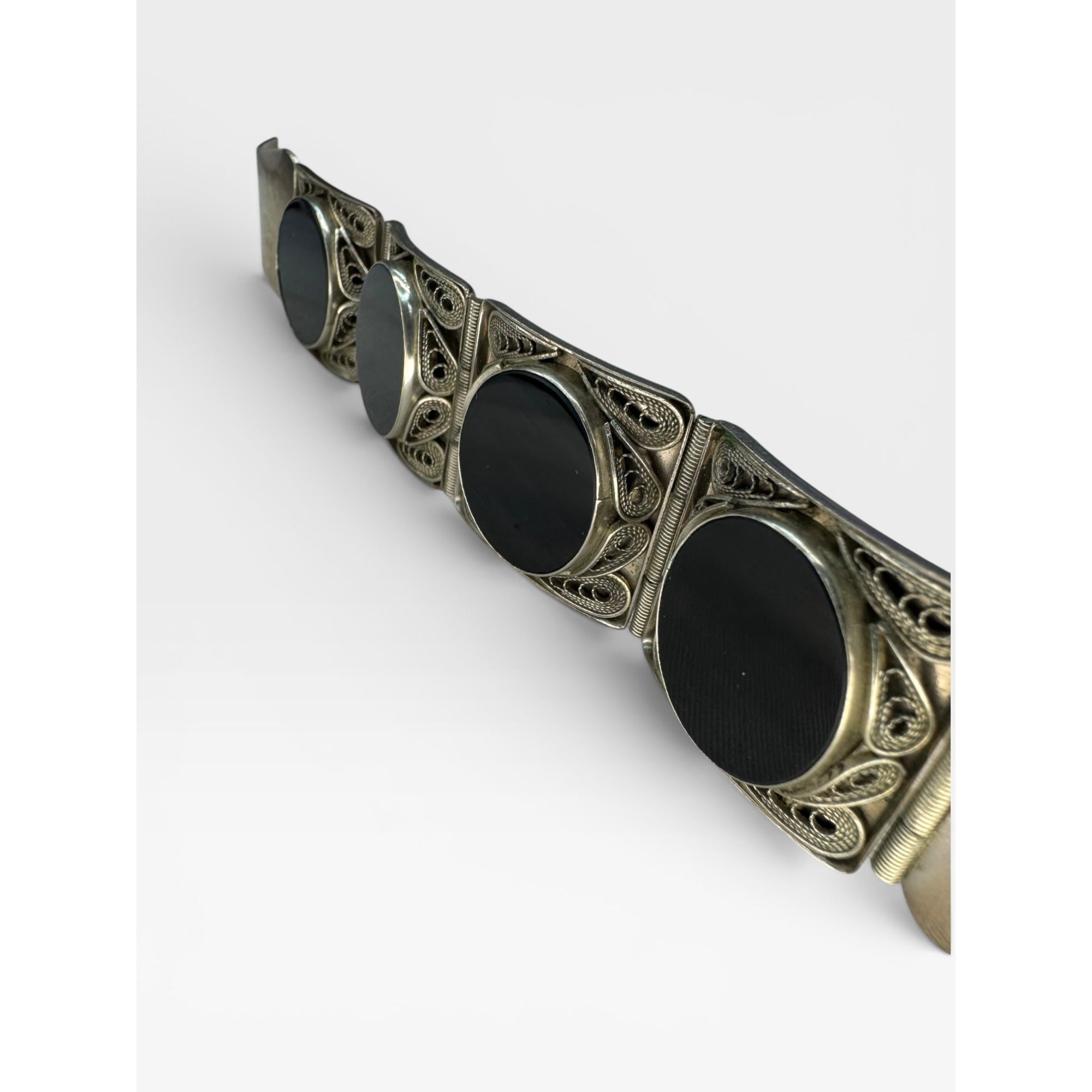 Obsidian Cabochon Filigree Panel Bracelet Silver Tone Artisan 7 Inch Vintage