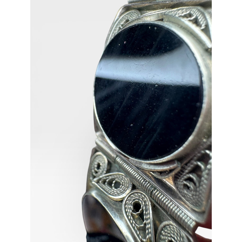 Obsidian Cabochon Filigree Panel Bracelet Silver Tone Artisan 7 Inch Vintage