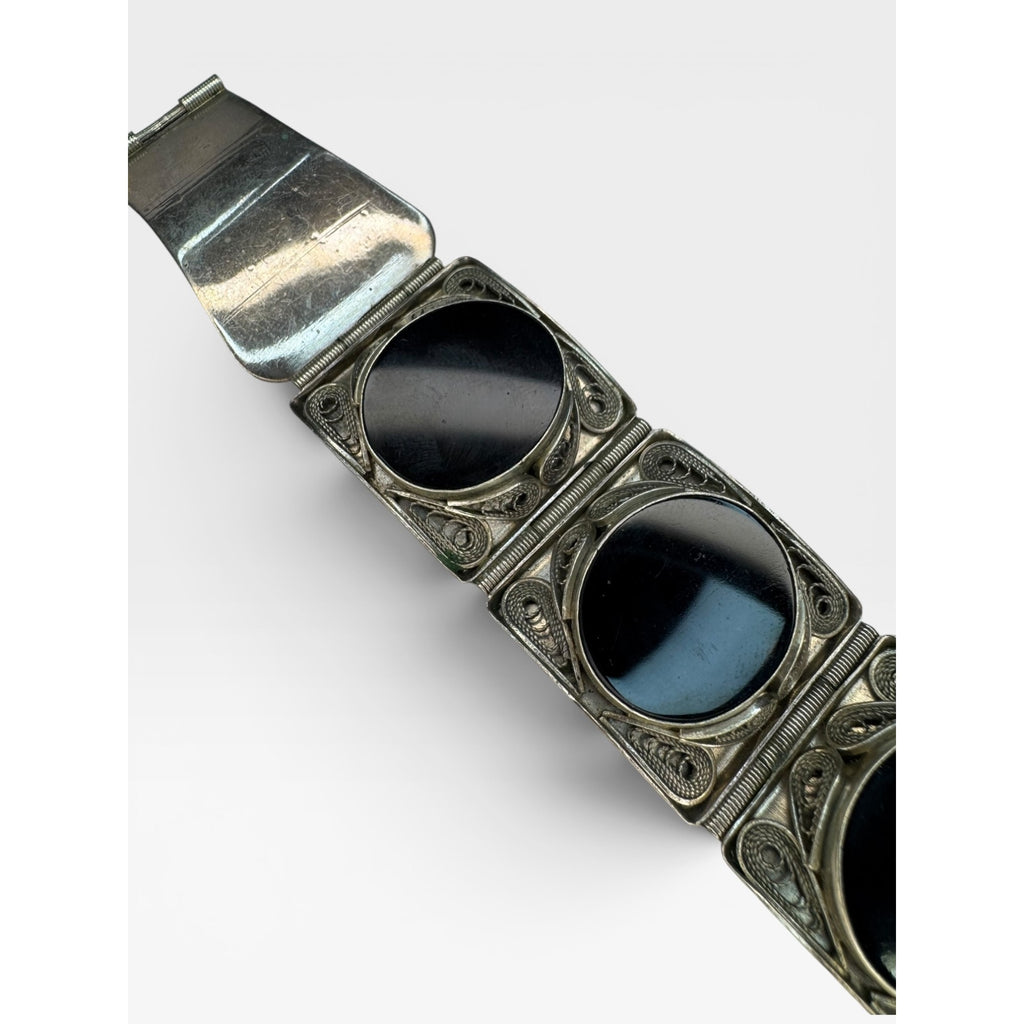 Obsidian Cabochon Filigree Panel Bracelet Silver Tone Artisan 7 Inch Vintage