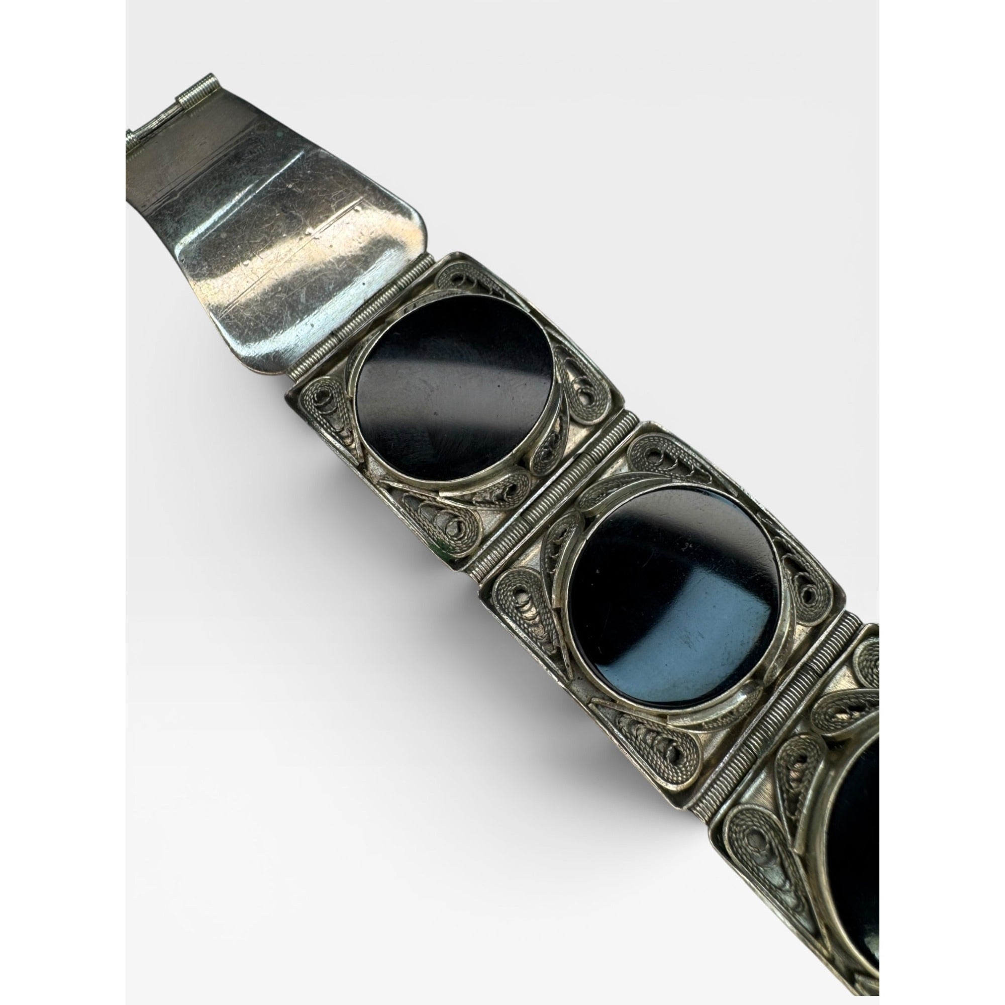 Obsidian Cabochon Filigree Panel Bracelet Silver Tone Artisan 7 Inch Vintage