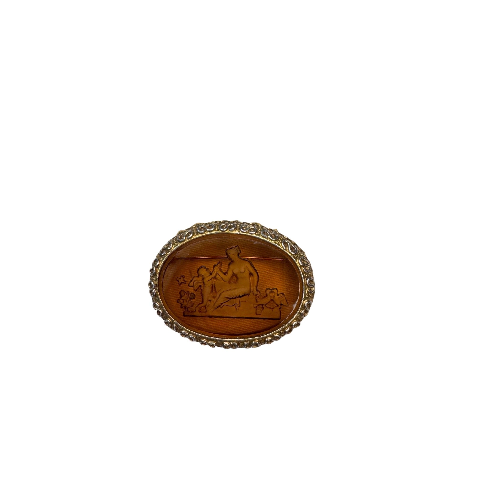 Amber Intaglio Glass Classical Scene Oval Unsigned Brooch Vintage