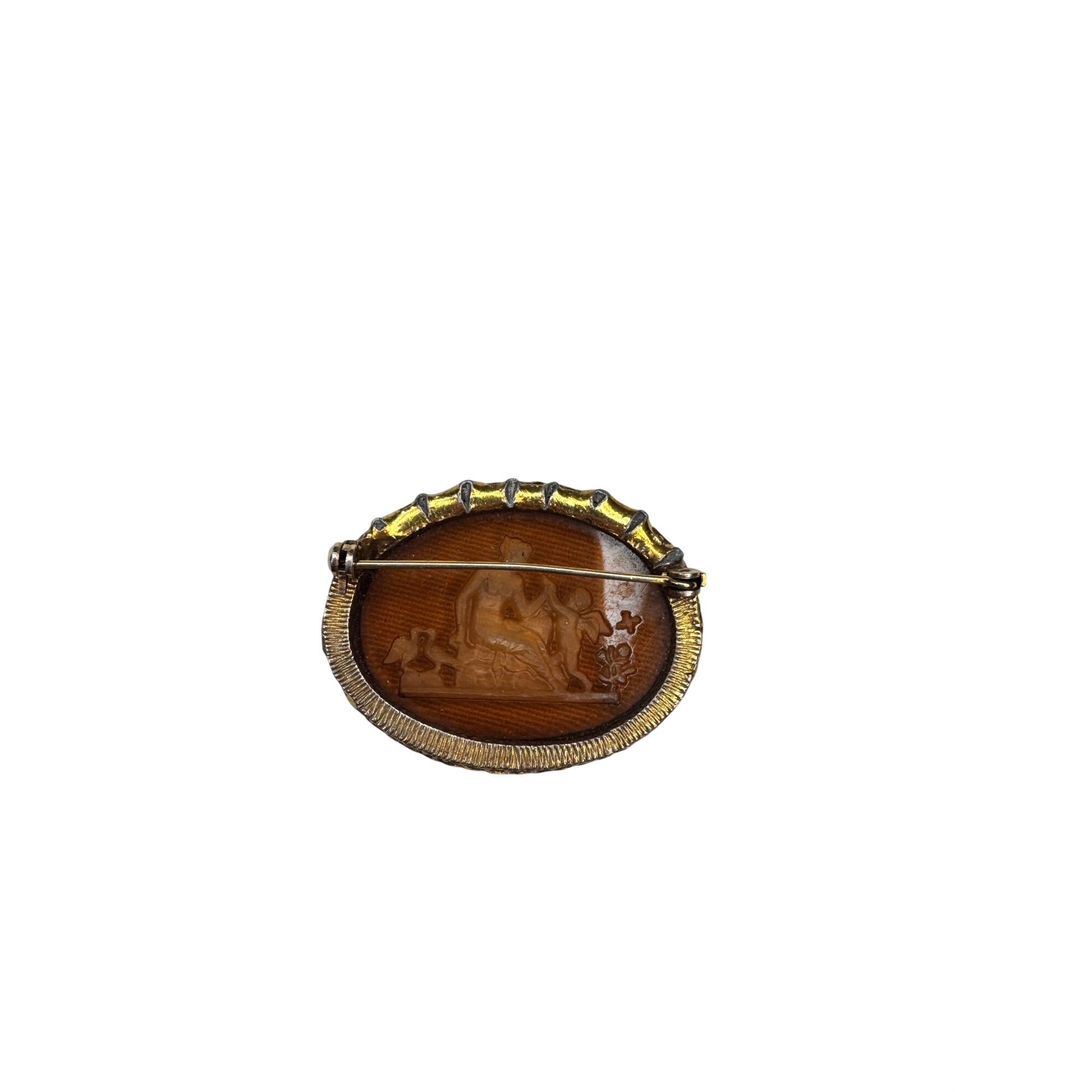 Amber Intaglio Glass Classical Scene Oval Unsigned Brooch Vintage