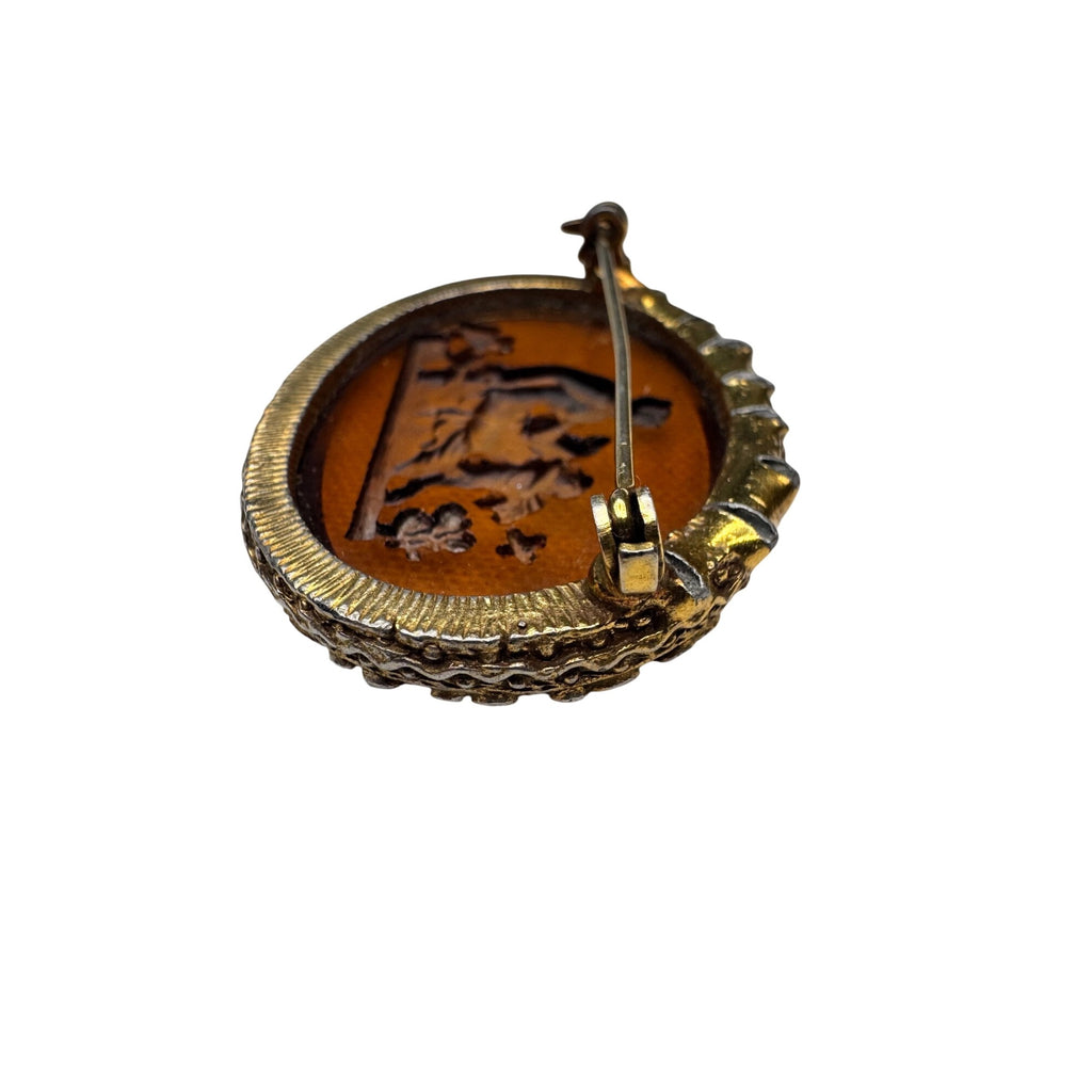 Amber Intaglio Glass Classical Scene Oval Unsigned Brooch Vintage