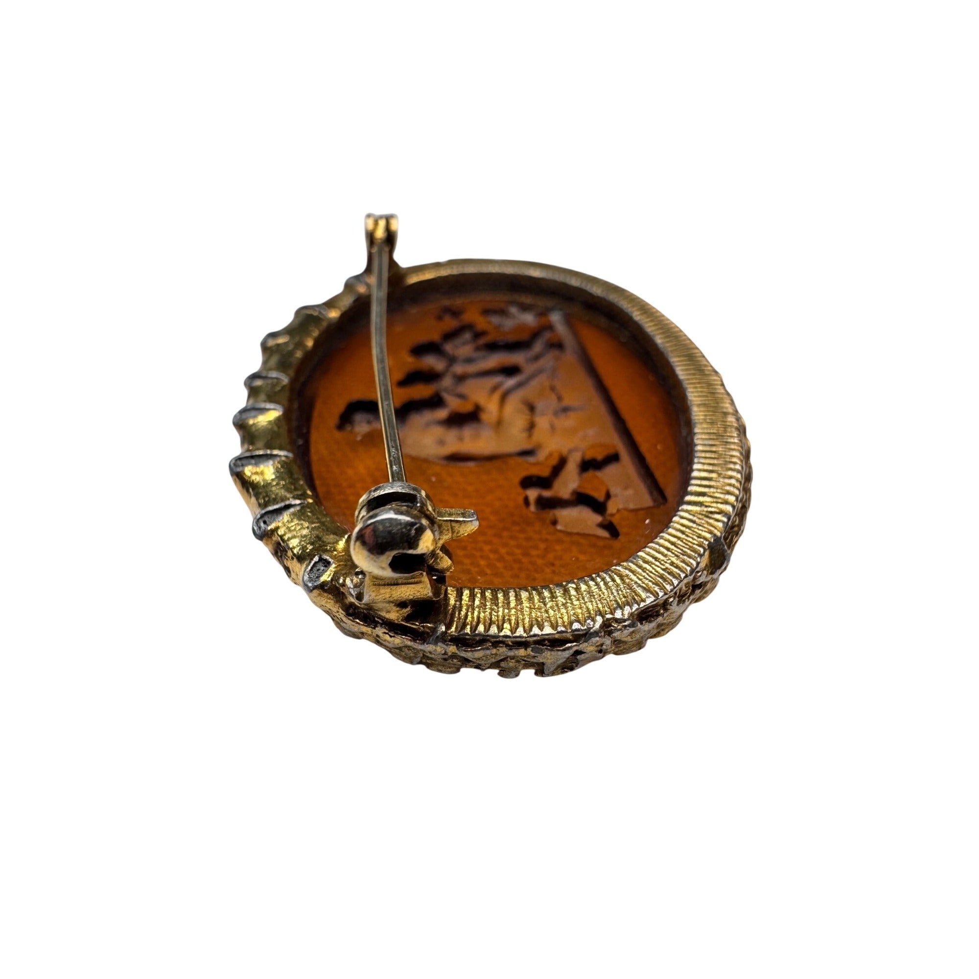 Amber Intaglio Glass Classical Scene Oval Unsigned Brooch Vintage