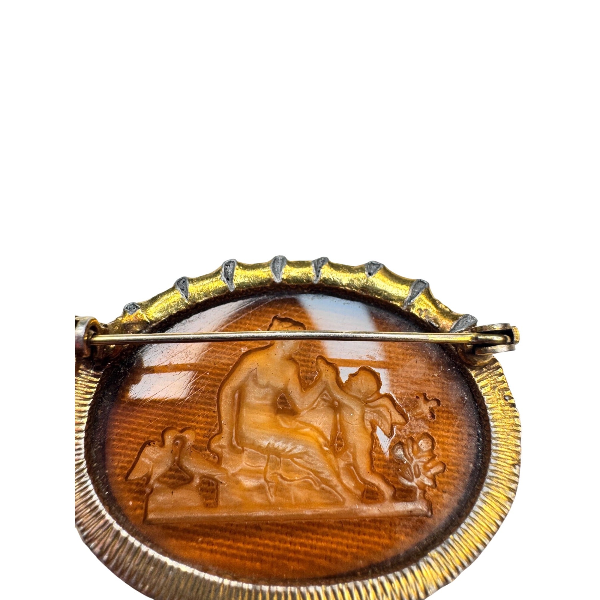 Amber Intaglio Glass Classical Scene Oval Unsigned Brooch Vintage