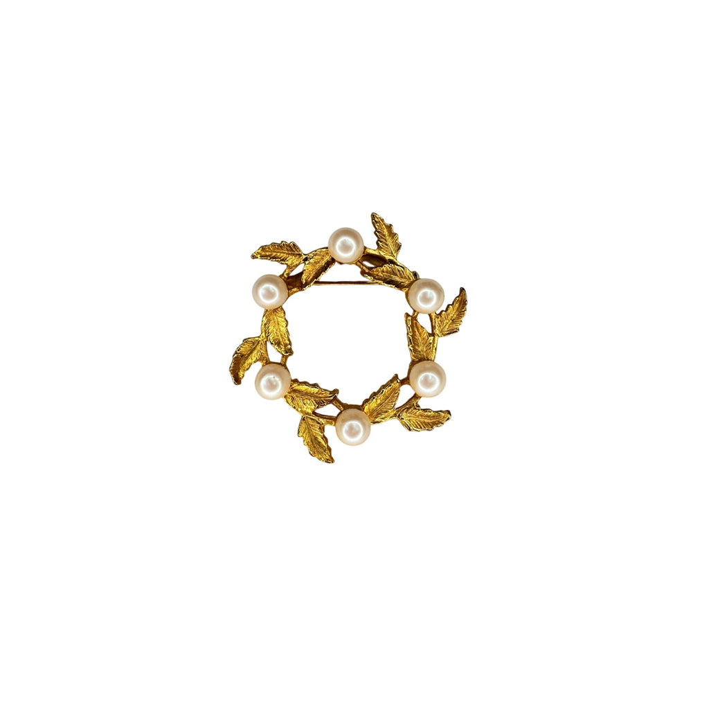 DFA Gold Tone Pearl Laurel Wreath Brooch Leaf Circle Pin Vintage