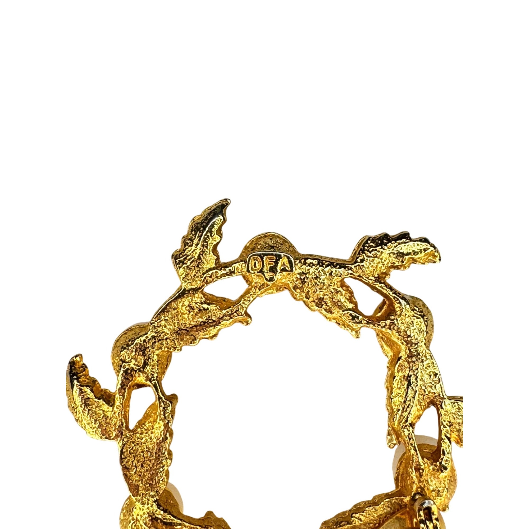 DFA Gold Tone Pearl Laurel Wreath Brooch Leaf Circle Pin Vintage