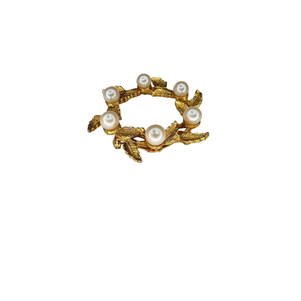 DFA Gold Tone Pearl Laurel Wreath Brooch Leaf Circle Pin Vintage