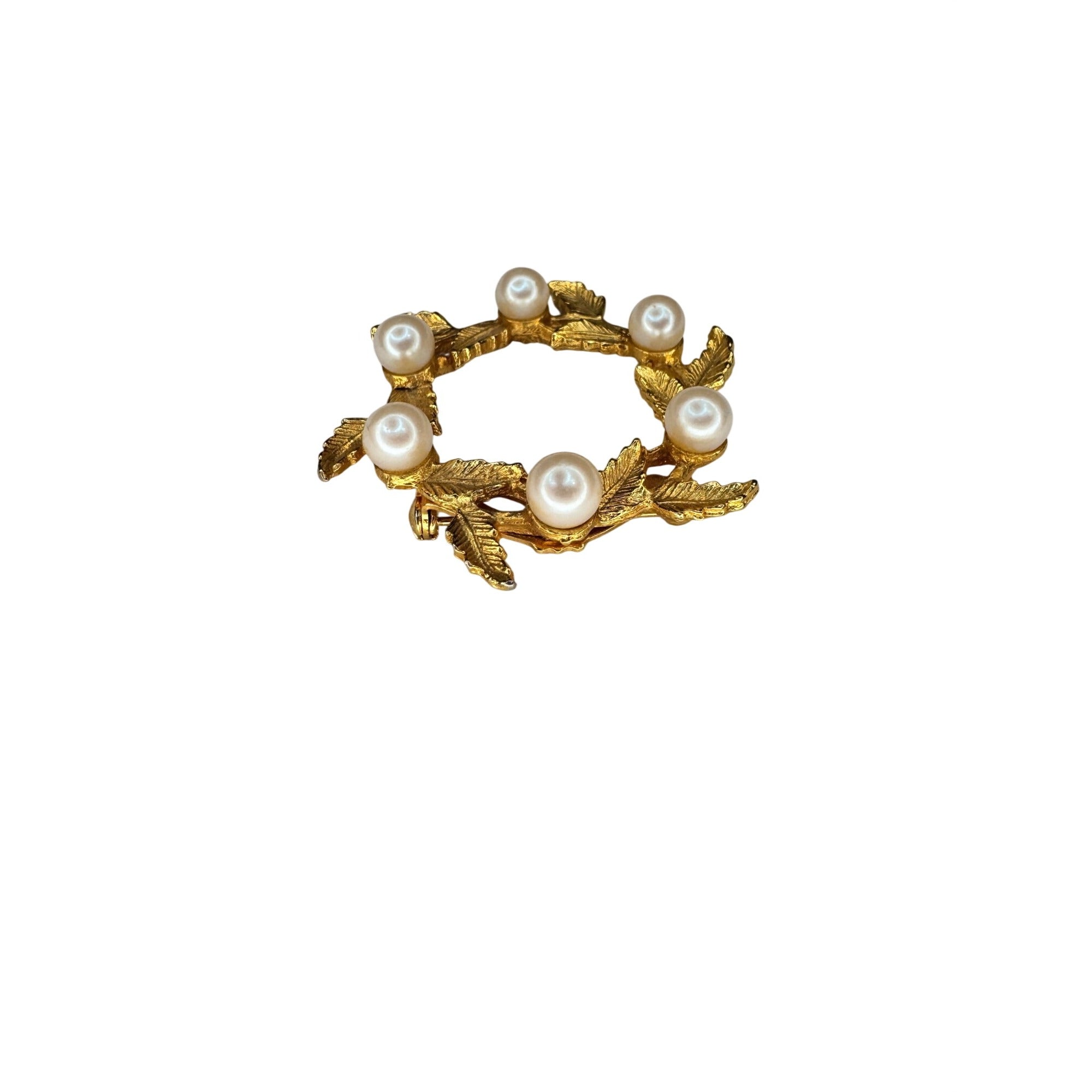 DFA Gold Tone Pearl Laurel Wreath Brooch Leaf Circle Pin Vintage