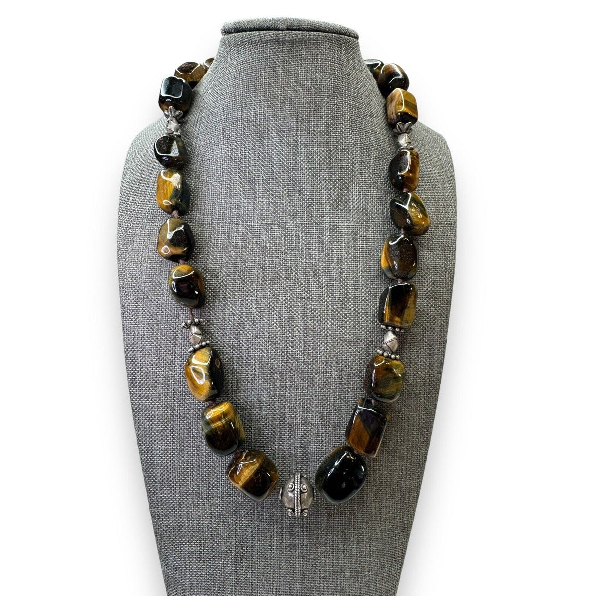 Sterling Silver 925 Tigers Eye Necklace Heavy Chunky 90s Vintage