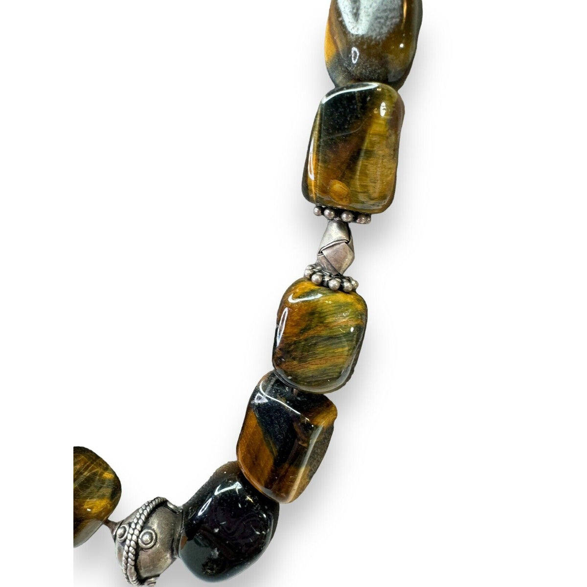 Sterling Silver 925 Tigers Eye Necklace Heavy Chunky 90s Vintage