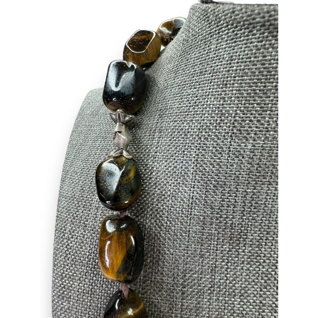 Sterling Silver 925 Tigers Eye Necklace Heavy Chunky 90s Vintage
