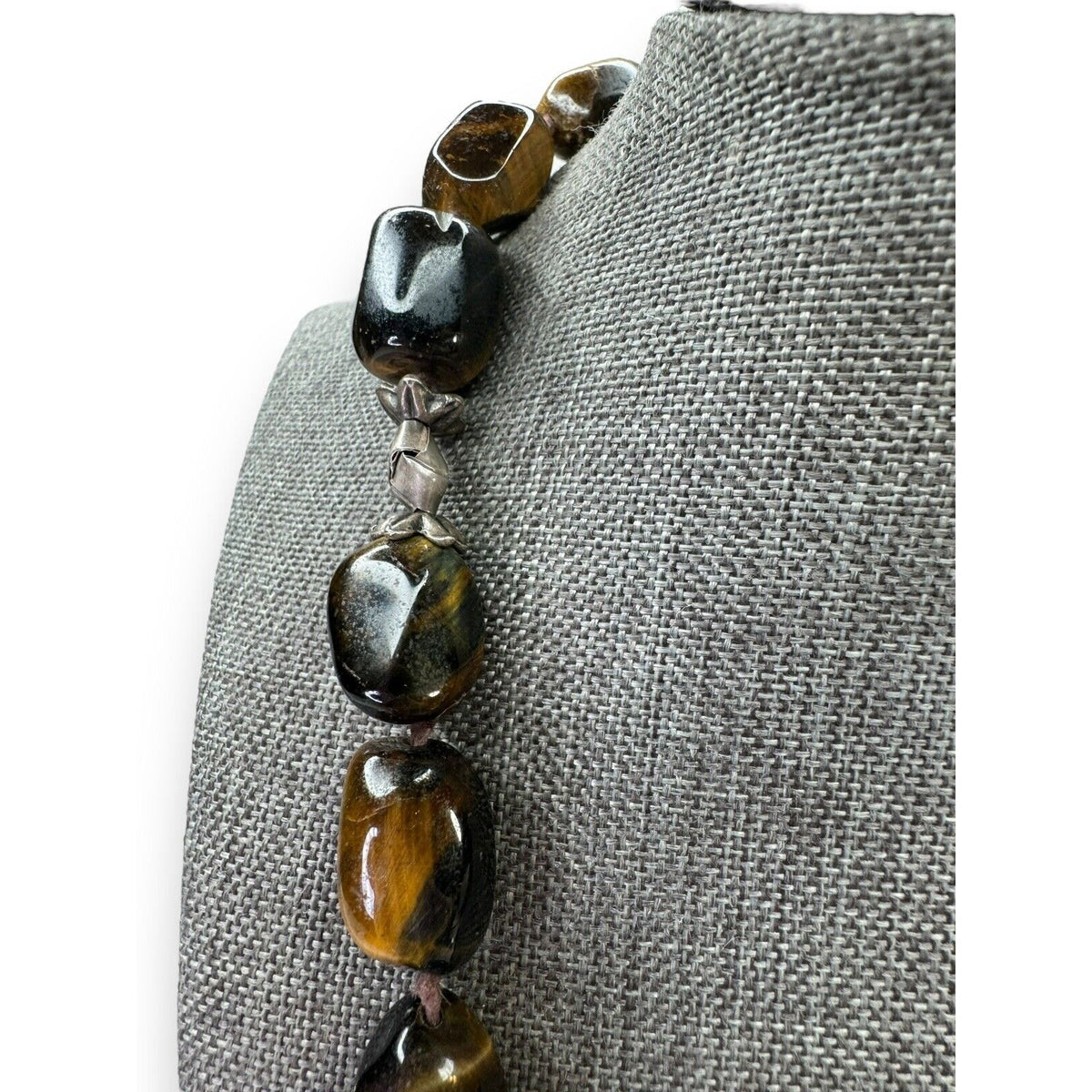 Sterling Silver 925 Tigers Eye Necklace Heavy Chunky 90s Vintage