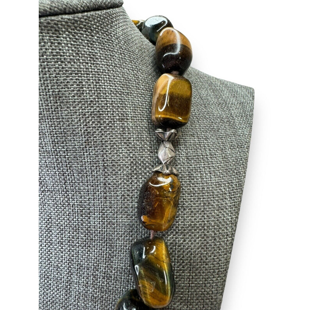 Sterling Silver 925 Tigers Eye Necklace Heavy Chunky 90s Vintage