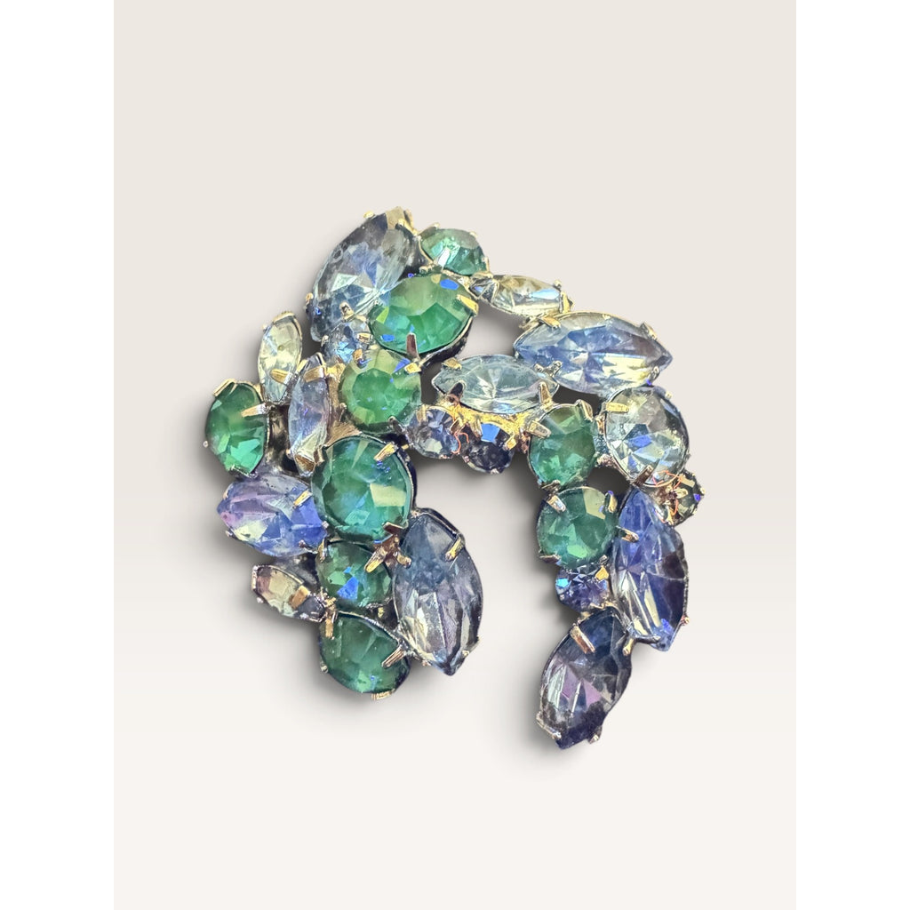 1950s Mid Century Blue Rhinestone UV Reactive Glow Swirl Brooch 1.96" Vintage