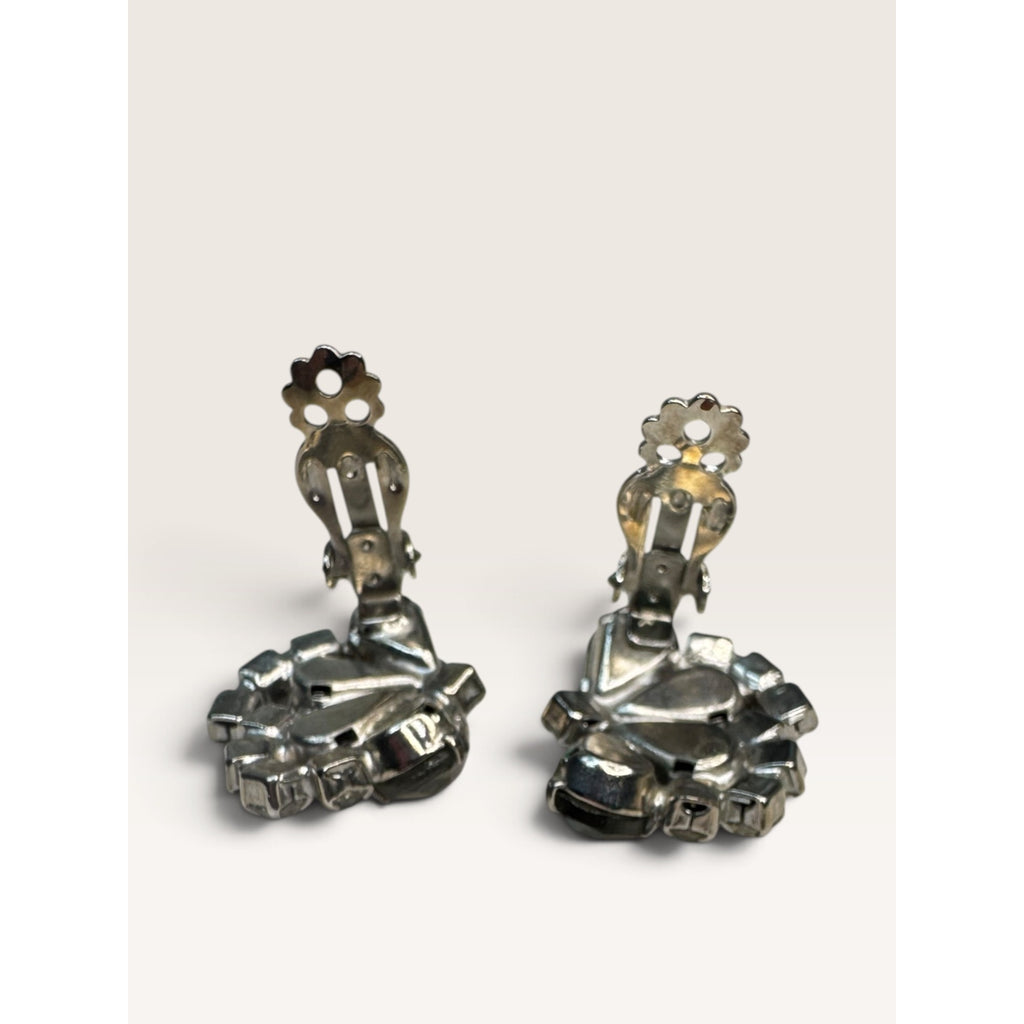 1950s Smoky Gray Glass Pear Clear Crystal Rhinestone Clip Earrings 1.14" Vintage