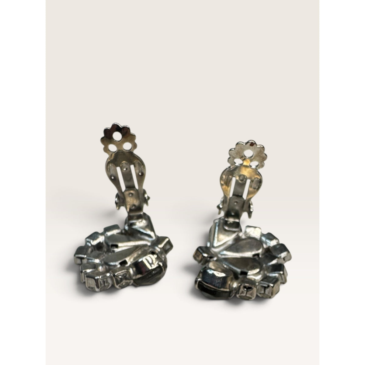 1950s Smoky Gray Glass Pear Clear Crystal Rhinestone Clip Earrings 1.14" Vintage