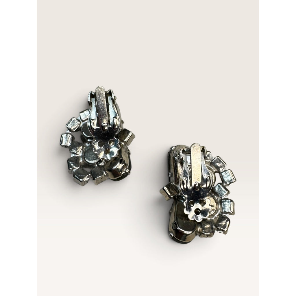1950s Smoky Gray Glass Pear Clear Crystal Rhinestone Clip Earrings 1.14" Vintage