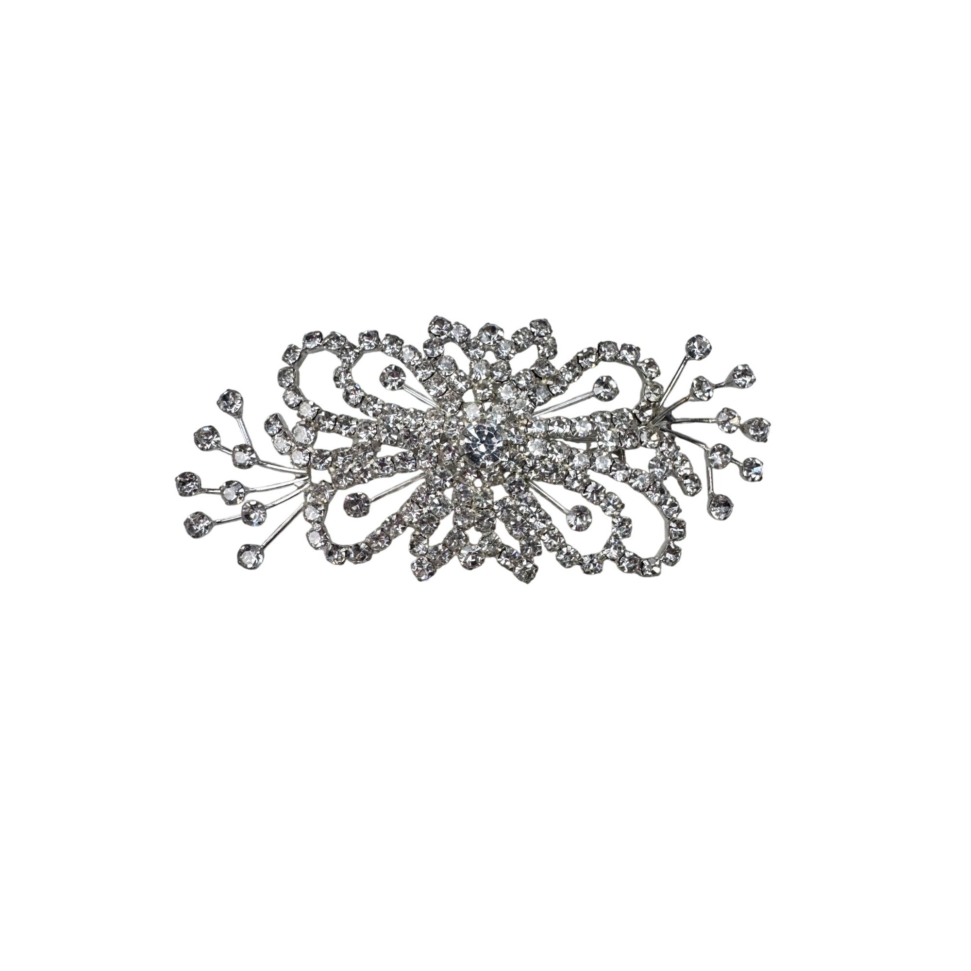 Unsigned Brooch Clear Crystal Silver Tone Filigree Bow Spray Statement 90s-2000s