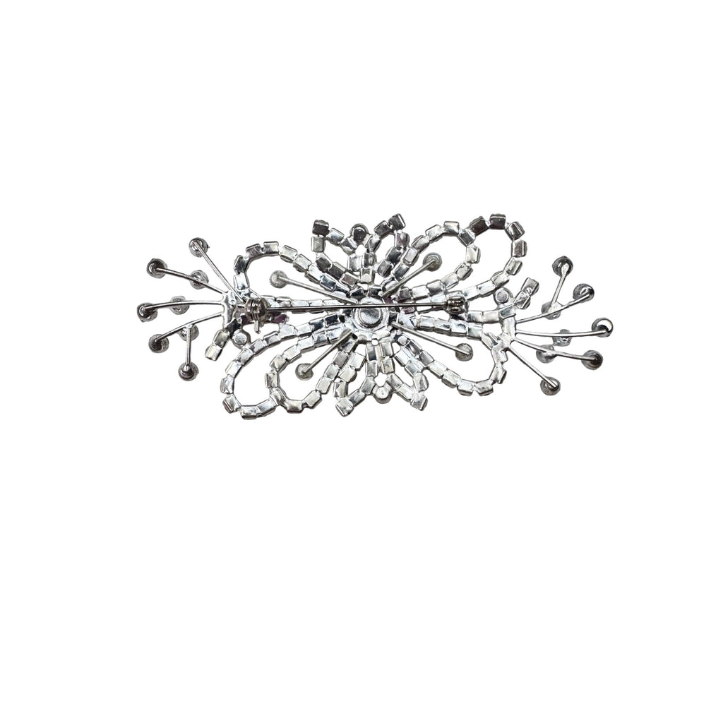 Unsigned Brooch Clear Crystal Silver Tone Filigree Bow Spray Statement 90s-2000s