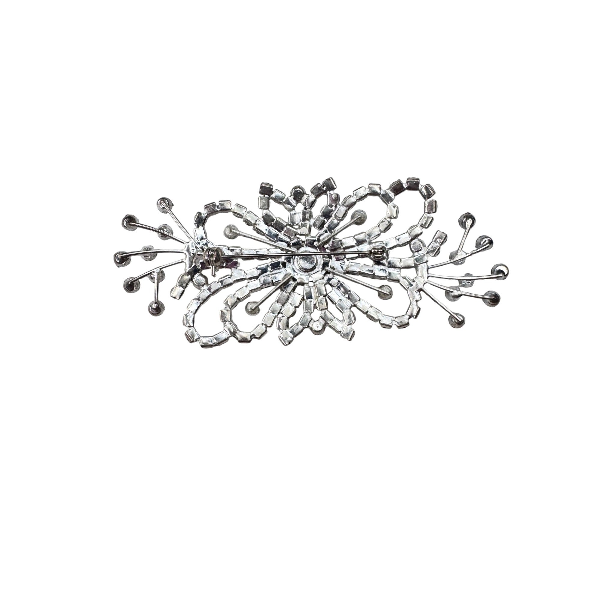 Unsigned Brooch Clear Crystal Silver Tone Filigree Bow Spray Statement 90s-2000s