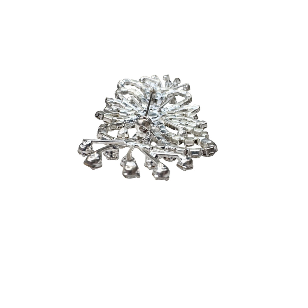 Unsigned Brooch Clear Crystal Silver Tone Filigree Bow Spray Statement 90s-2000s