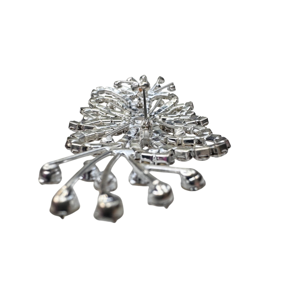 Unsigned Brooch Clear Crystal Silver Tone Filigree Bow Spray Statement 90s-2000s