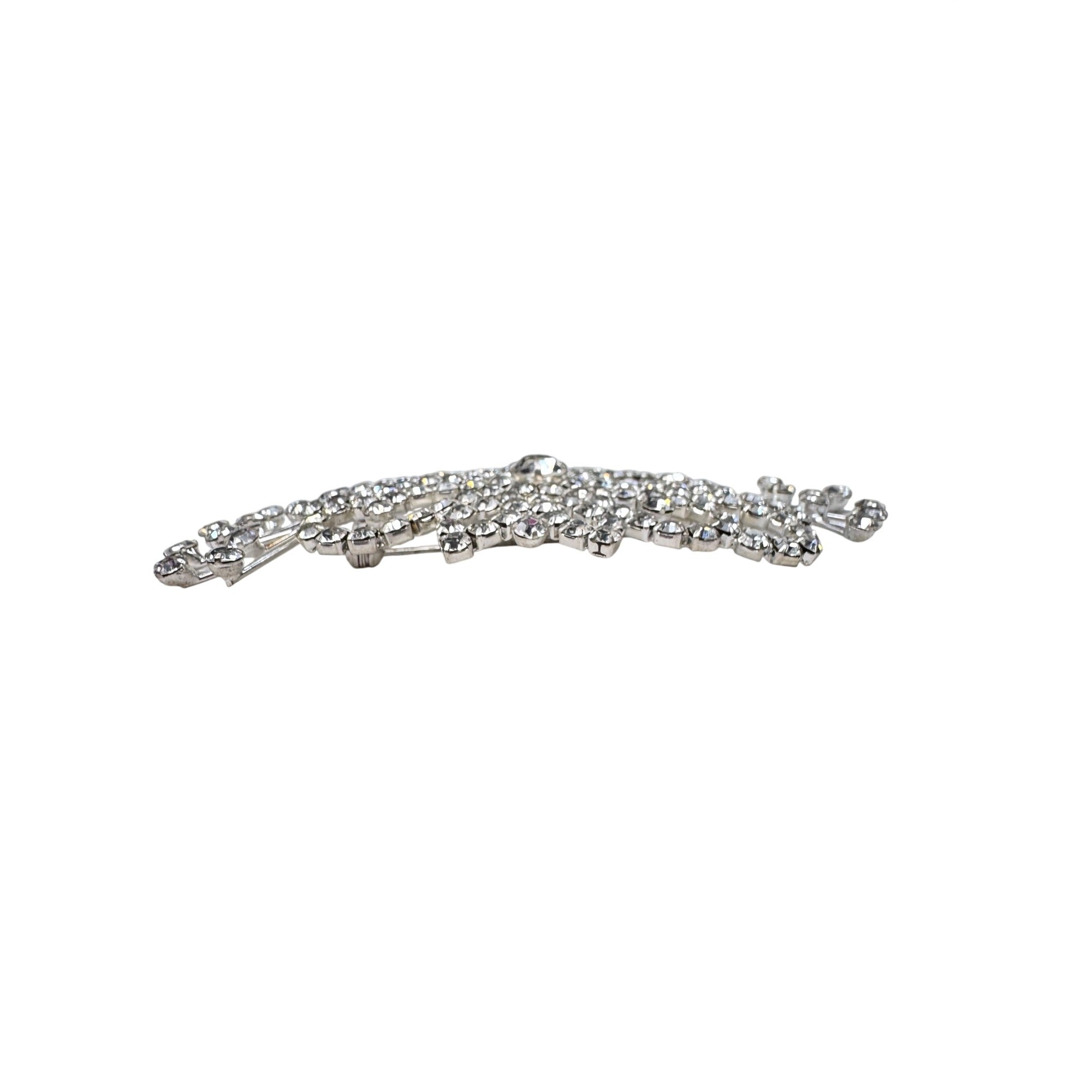 Unsigned Brooch Clear Crystal Silver Tone Filigree Bow Spray Statement 90s-2000s