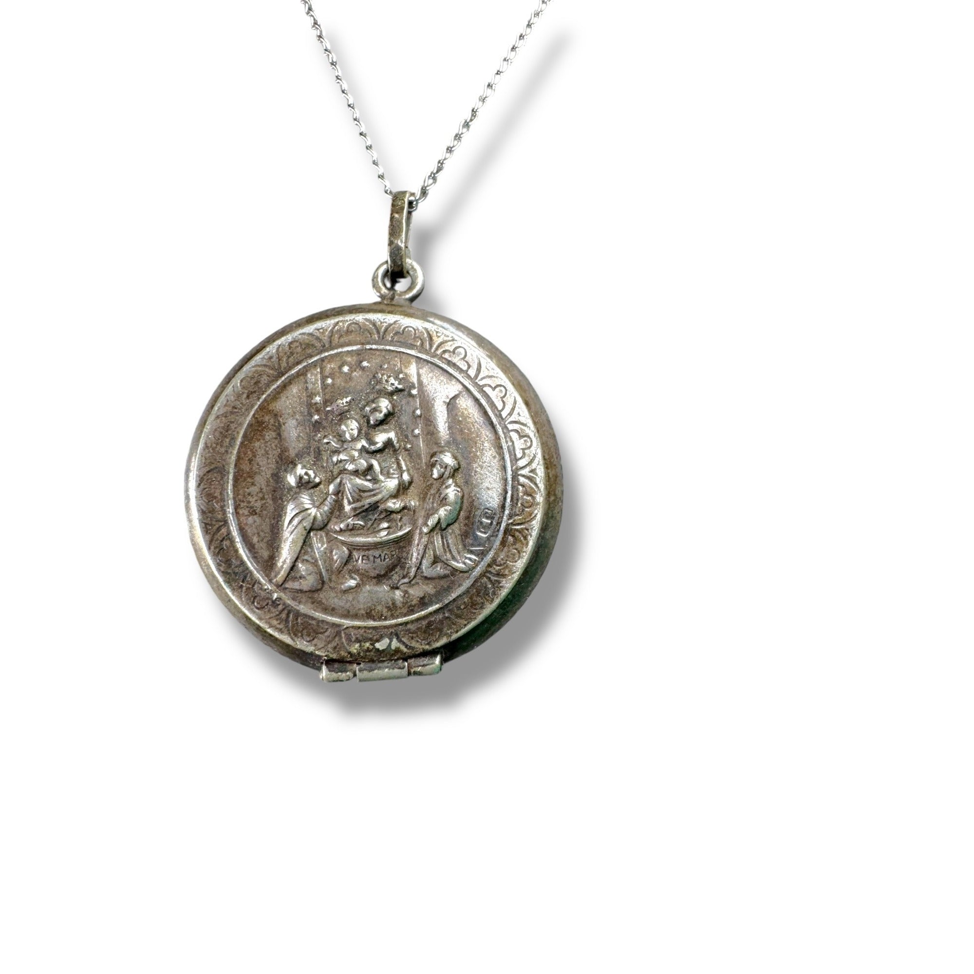 Antique Late 1800s Silver Religious Locket Pendant on Sterling Chain