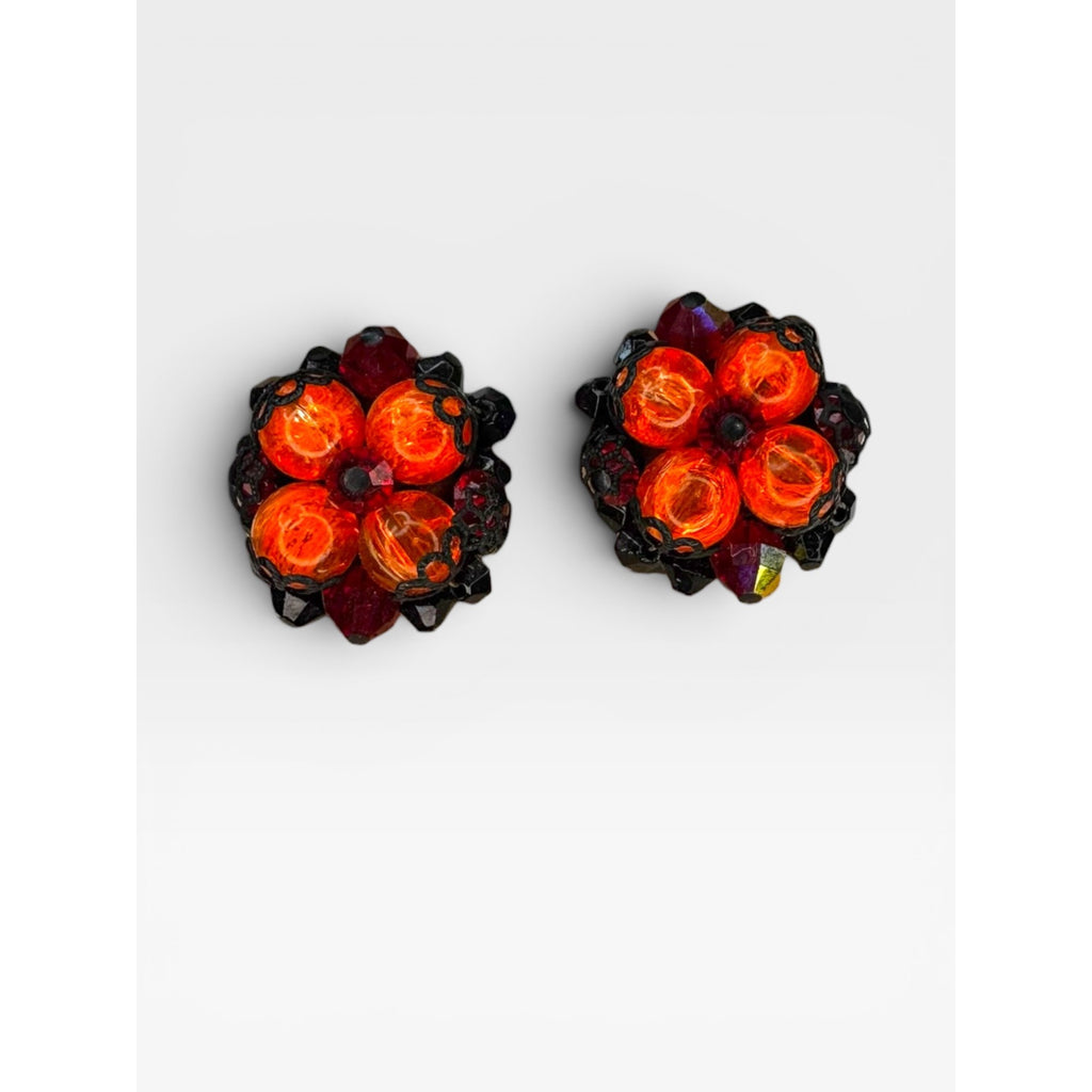 UV Reactive Orange Bead Cluster Clip On Earrings Black Red Vintage