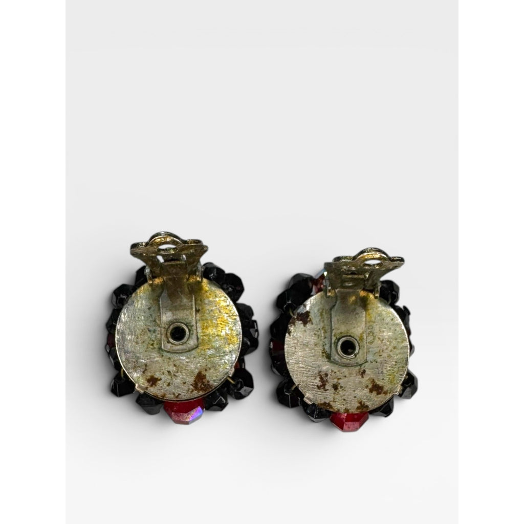UV Reactive Orange Bead Cluster Clip On Earrings Black Red Vintage