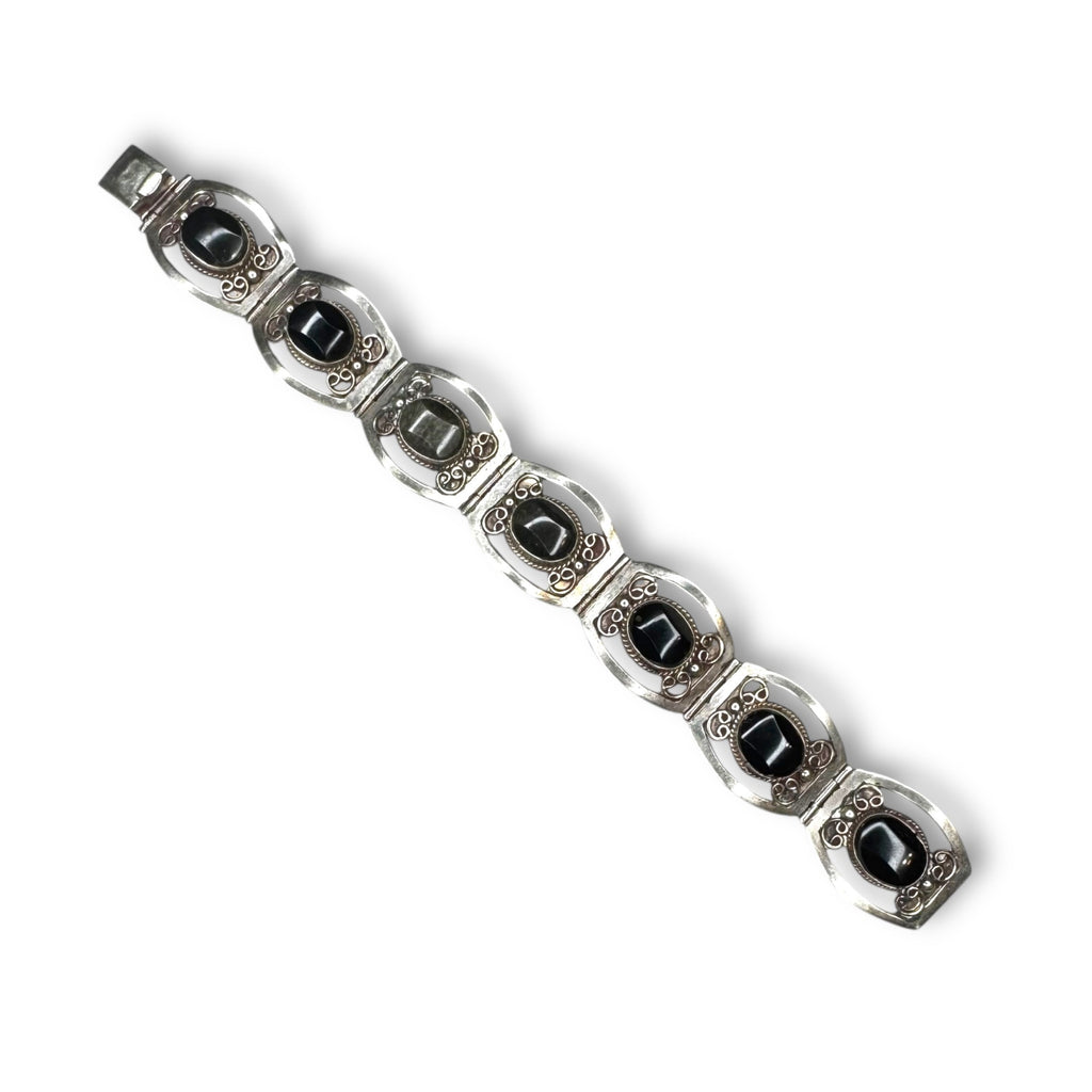 Vintage Mexico Alpaca Silver Gold Sheen Obsidian Panel Bracelet 7.25