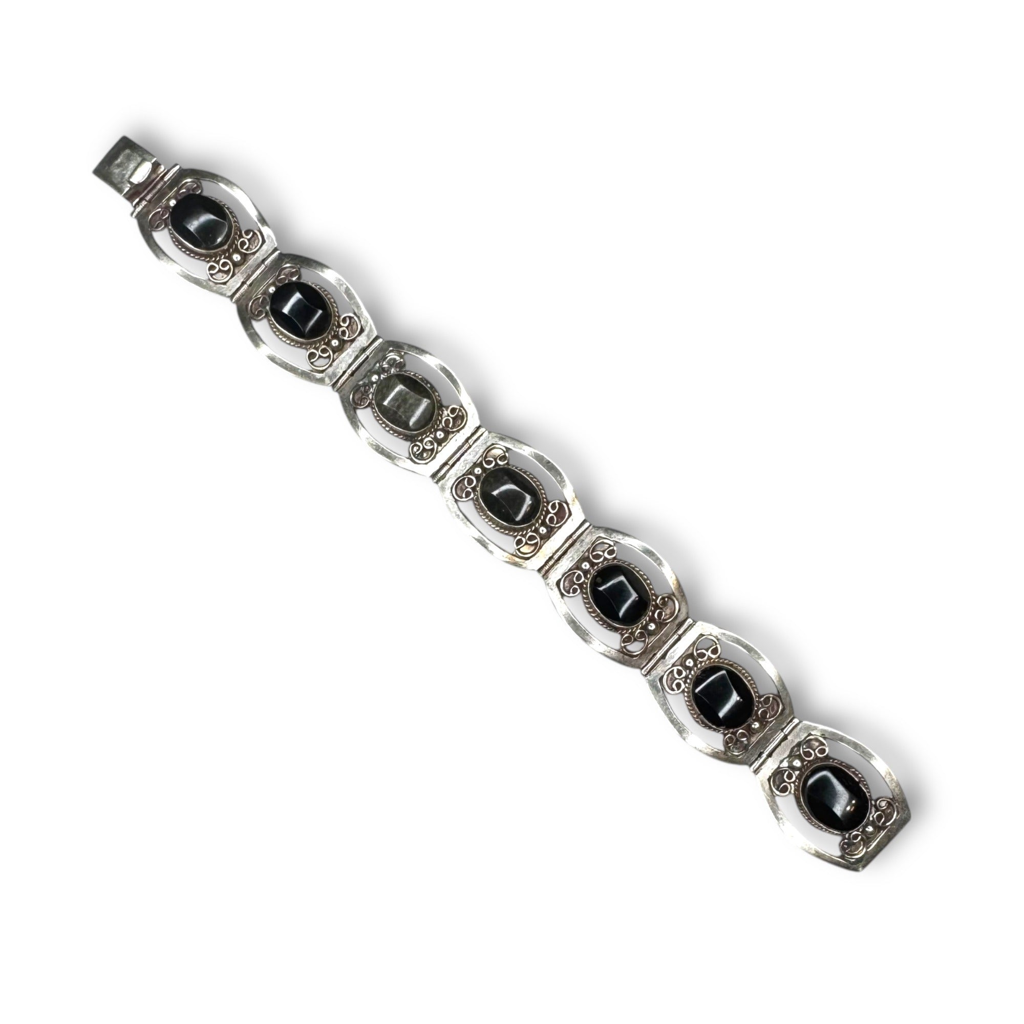 Vintage Mexico Alpaca Silver Gold Sheen Obsidian Panel Bracelet 7.25