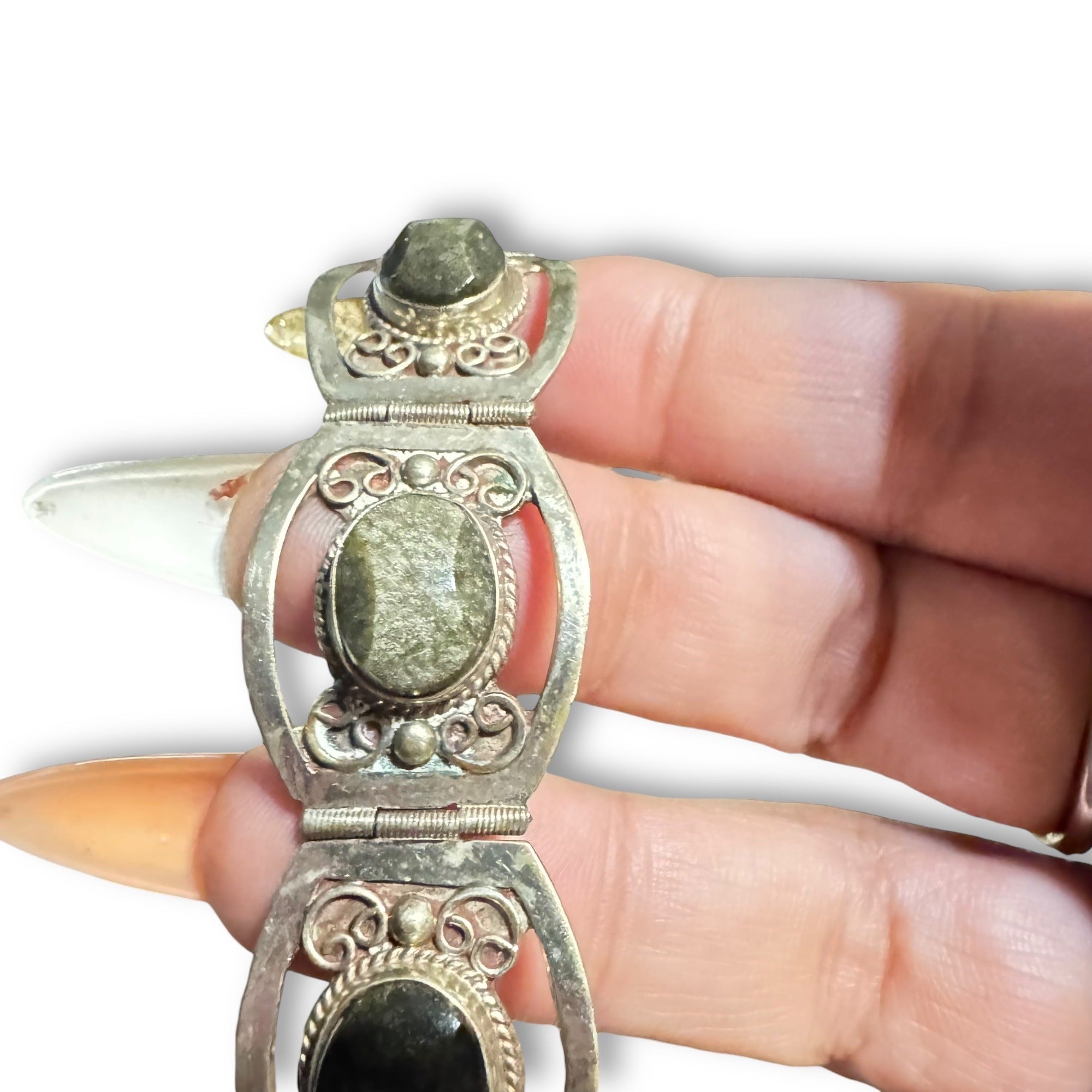 Vintage Mexico Alpaca Silver Gold Sheen Obsidian Panel Bracelet 7.25