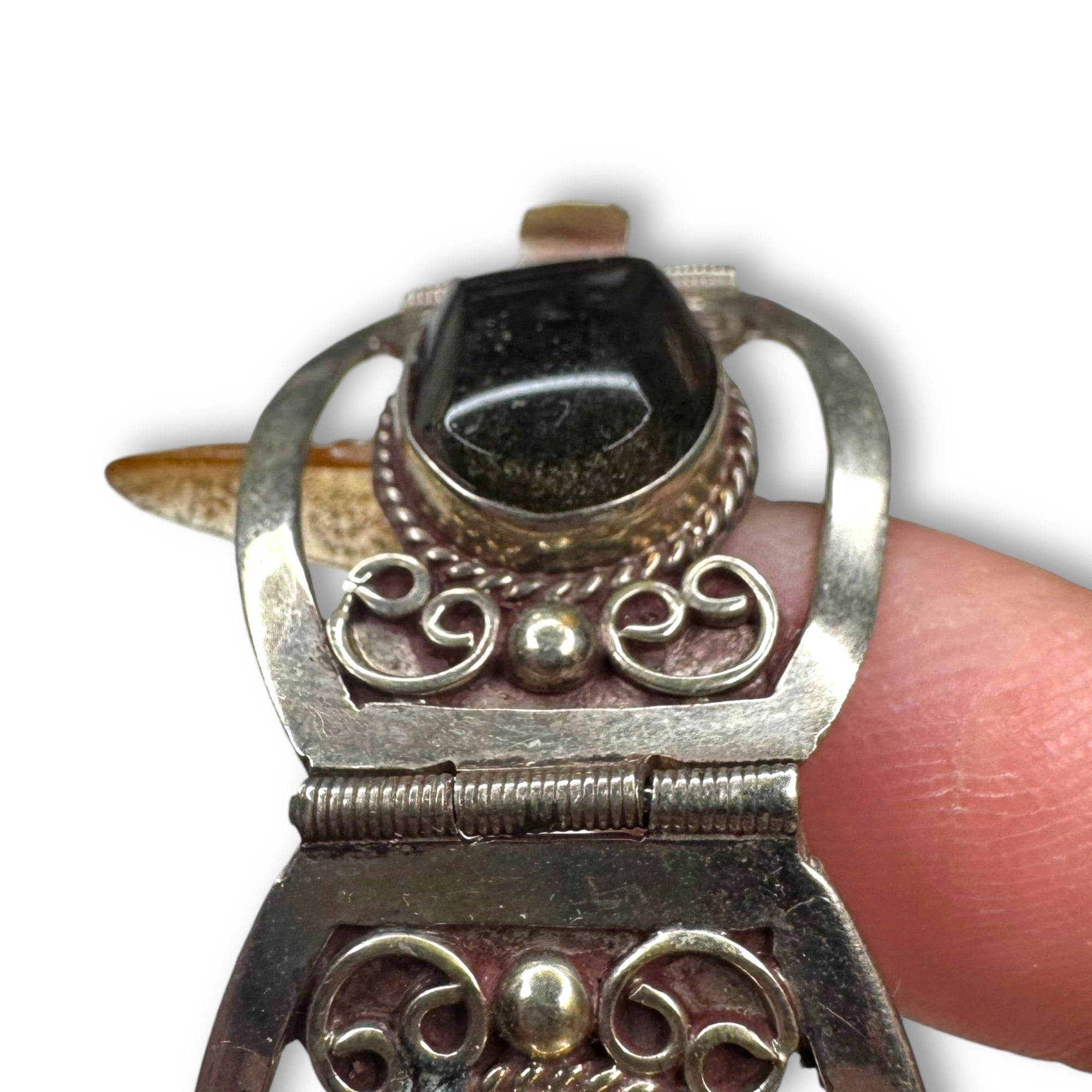 Vintage Mexico Alpaca Silver Gold Sheen Obsidian Panel Bracelet 7.25