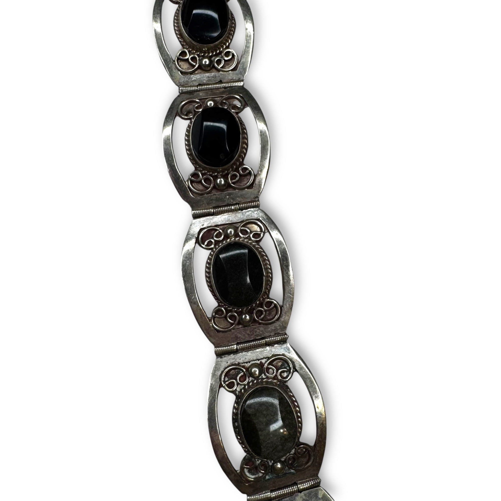 Vintage Mexico Alpaca Silver Gold Sheen Obsidian Panel Bracelet 7.25