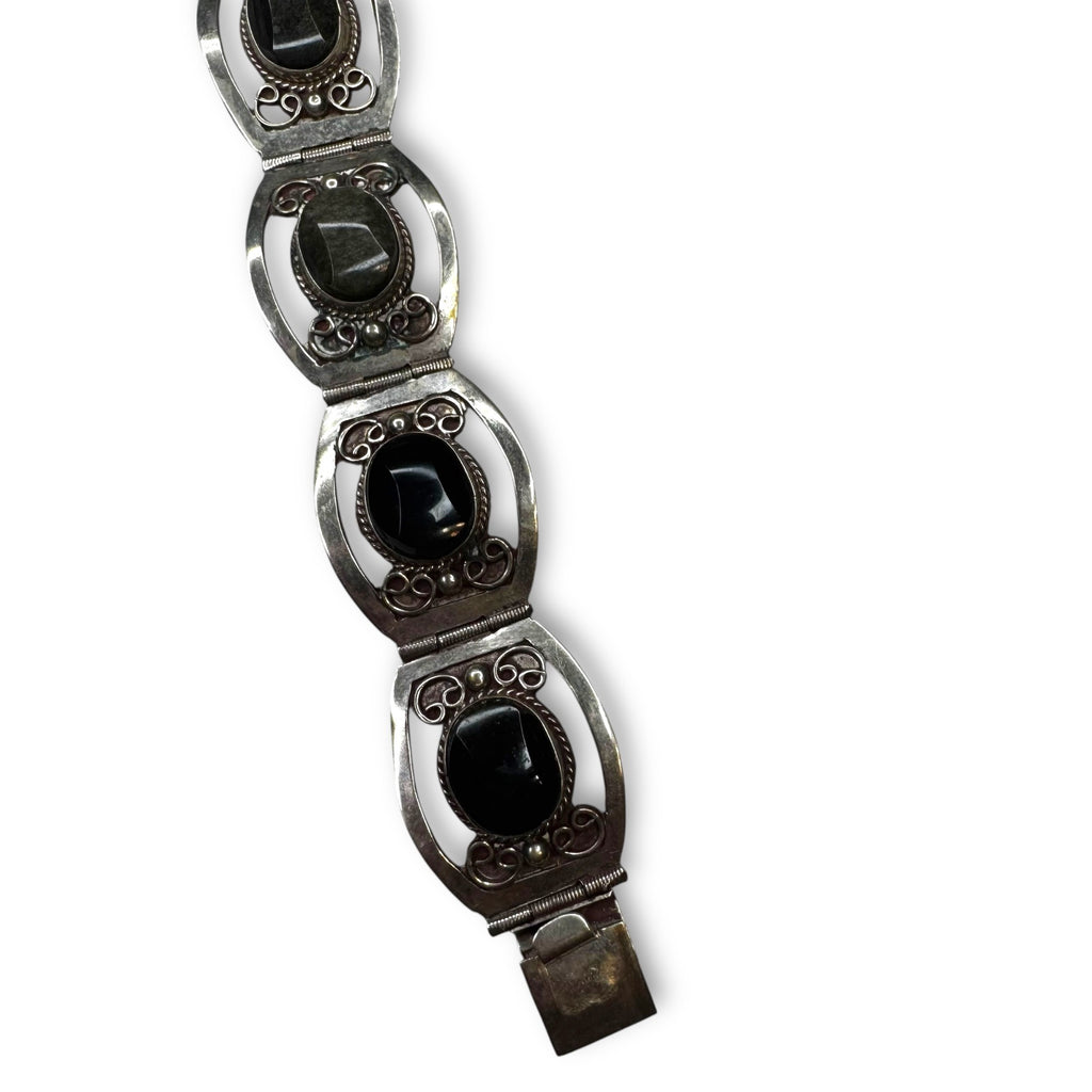 Vintage Mexico Alpaca Silver Gold Sheen Obsidian Panel Bracelet 7.25