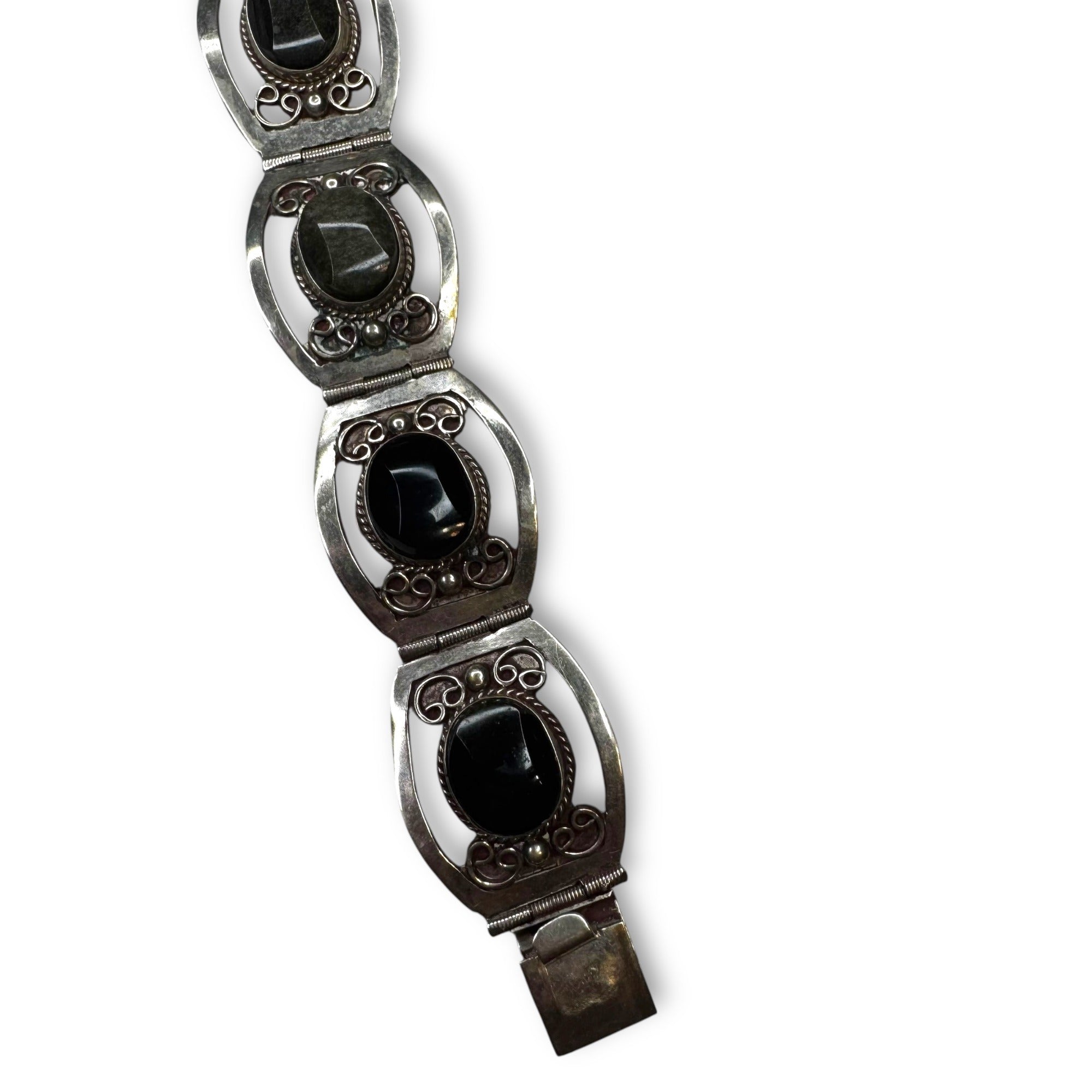 Vintage Mexico Alpaca Silver Gold Sheen Obsidian Panel Bracelet 7.25