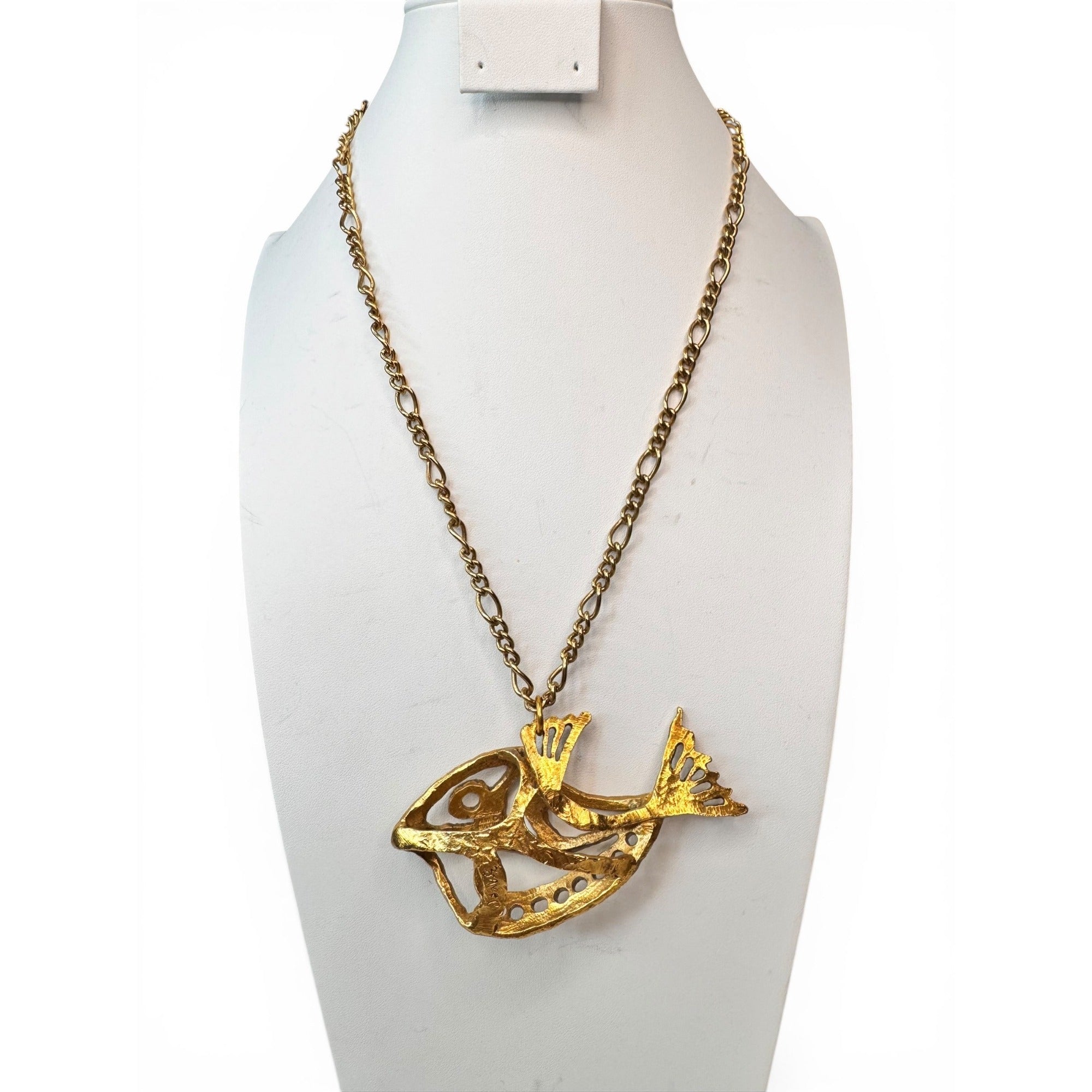 Alva Museum Replica Zavel Silber Fish Pendant Necklace Fold Over Clasp 1970s