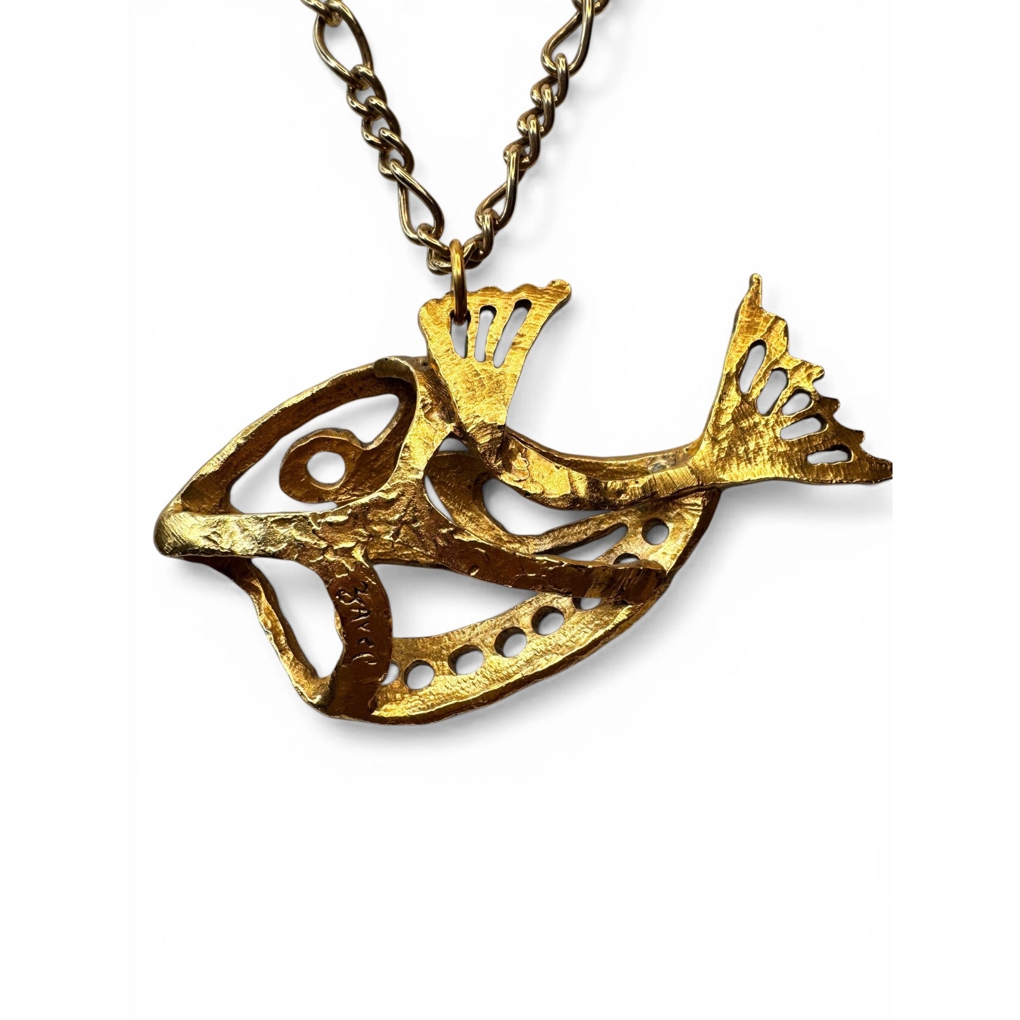 Alva Museum Replica Zavel Silber Fish Pendant Necklace Fold Over Clasp 1970s