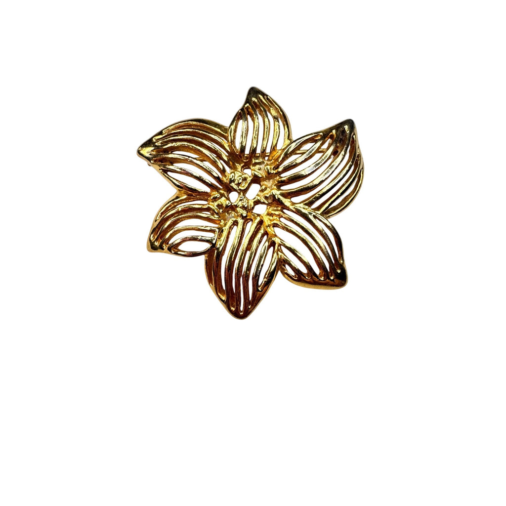 Unsigned Brooch Gold Tone Openwork Flower Floral 1980s Vintage