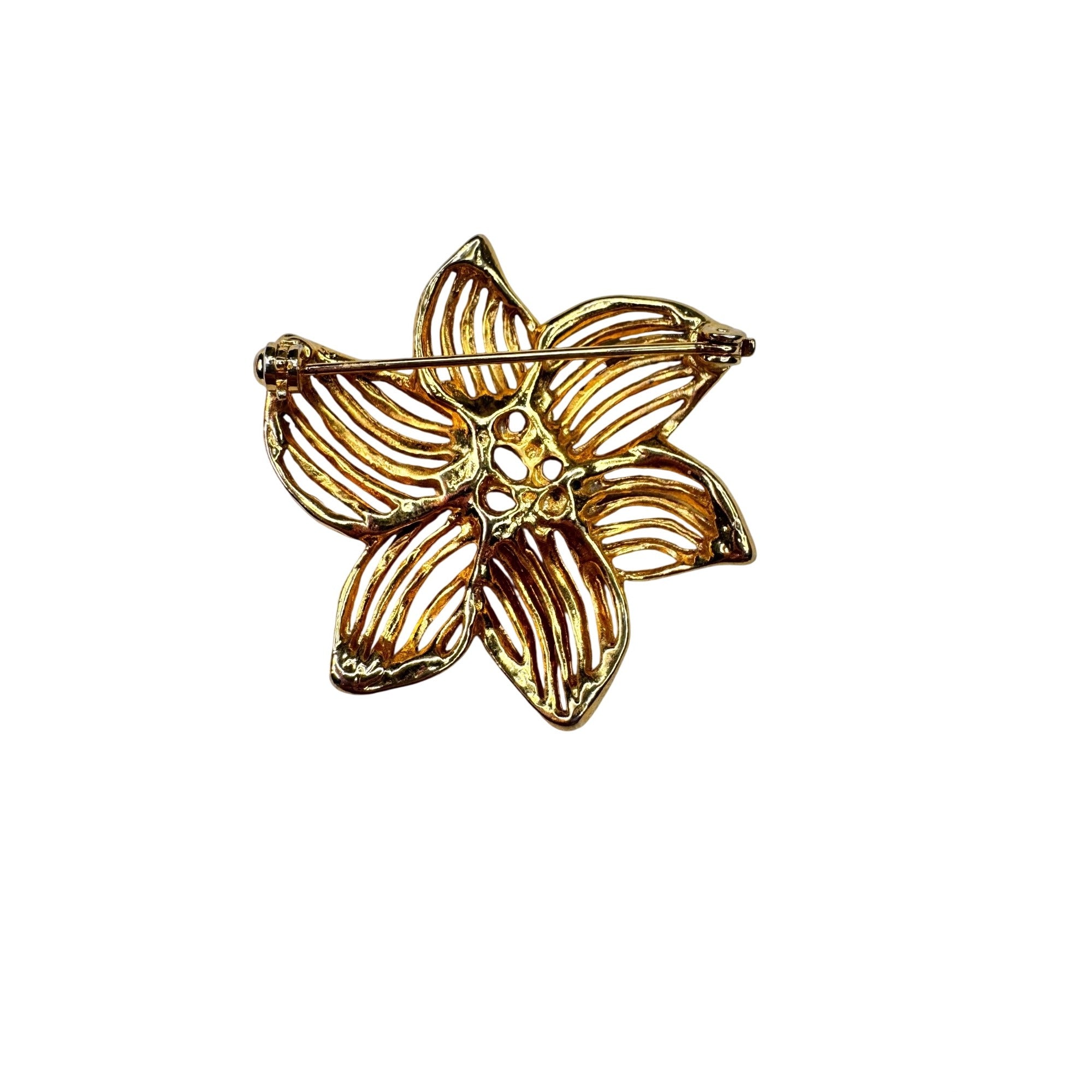 Unsigned Brooch Gold Tone Openwork Flower Floral 1980s Vintage