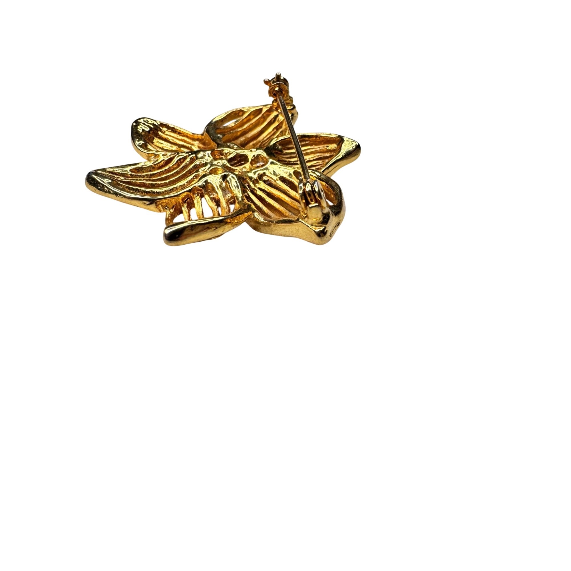 Unsigned Brooch Gold Tone Openwork Flower Floral 1980s Vintage